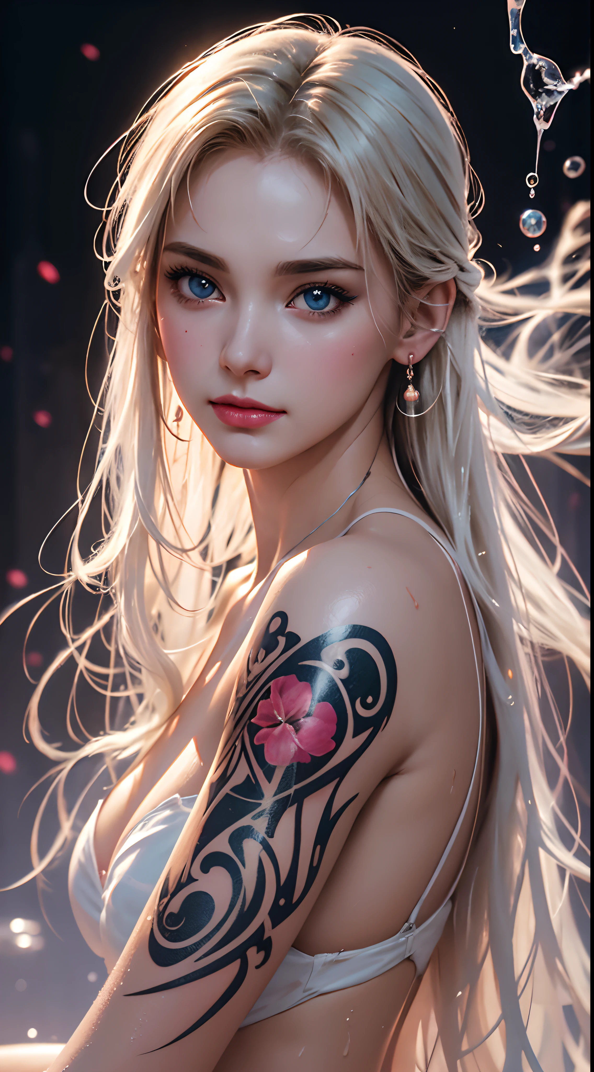 Realistic, full-body portrait of a young, 20-year-old woman with see-through wet marbles. realistic beautiful eyes; cold face, white skin, good looking, small tattoo art does not change body parts. Michael Garmash, Daniel F Gerhartz, Adult style, warm dreamy light, volumetric light, adventure style pulp, liquid acrylic, dynamic gradient, vivid color, illustration, vector curve very detailed, simple, smooth and clean, vector art, smooth, character design, cinematic, surrealism, posters, masterpiece collection, lush vivid colors, royal kiss, wet gouache