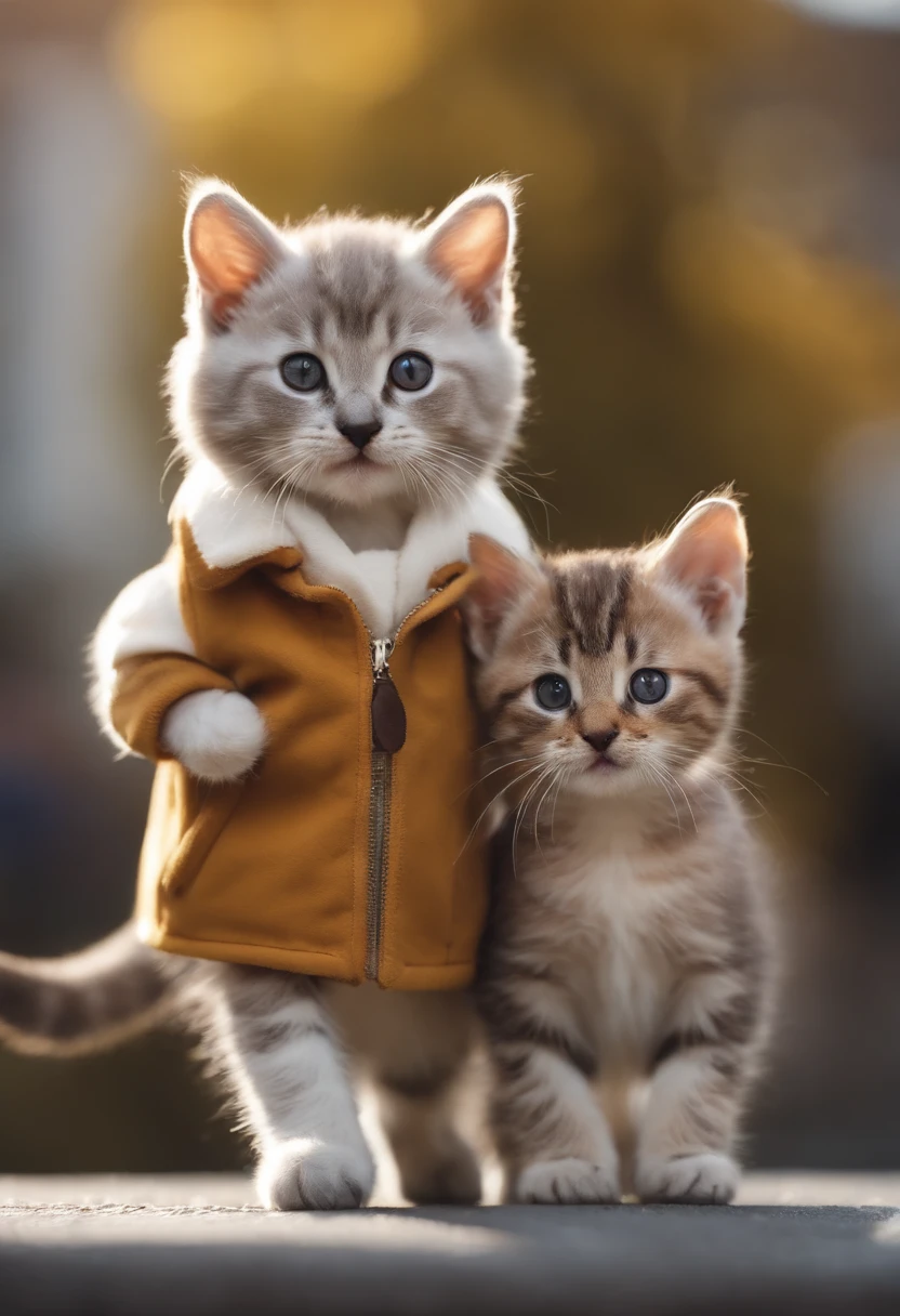 season for autumn、I have two little kittens, a cute little cat, cute kittens, Cutest, Incredibly cute, Adorable and cute, And cute and lovely. They are walking down the street with backpacks, Walking together, commute, Proudly walk down the street, And the cat is walking. They are cute in the style of 🍂 and 🍁, Adorable and cute, Cute and adorable, oh, nice and cute. They are known as real-life Tom and Jerry.Wear warm clothes、muffler、coat