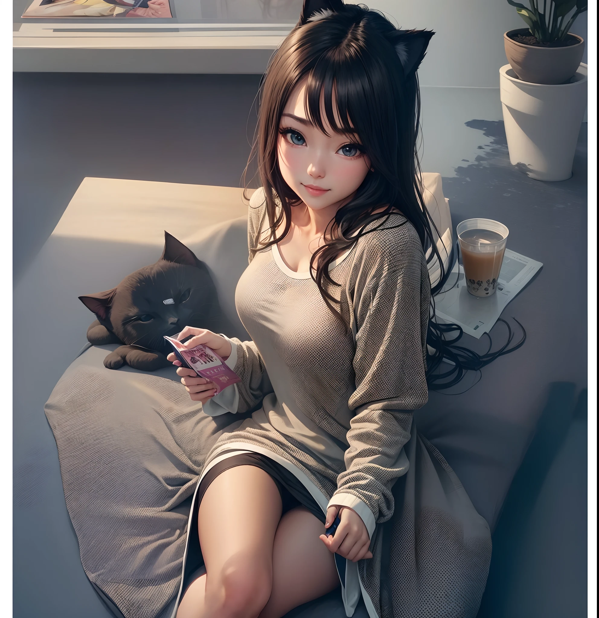 girl lying reading magazine,livingroom,Long bristle carpet,小柄, eyes, medium chest, loungewear,tight-fitting clothes,Grinning, face,Lie down、Read fashion magazines,having a snack,On the table is juice., cat by the side