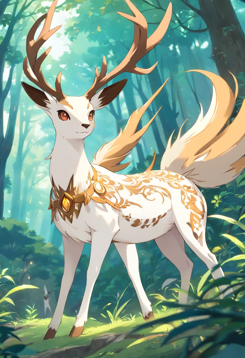 a detailed anime drawing of a huge ornate ((white and brown)) female deer resembling the ((pokemon xerneas)) with ((deep brown eyes)) and coming off of its body like armor that gives off a dangerous aura with large antlers laying down while looking at the camera
