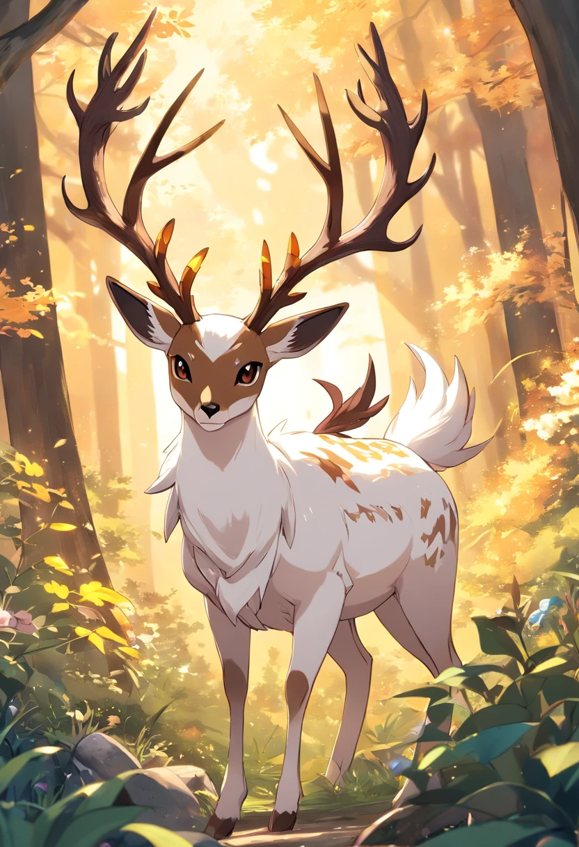 a detailed anime drawing of a huge ornate ((white and brown)) female deer resembling the ((pokemon xerneas)) with ((deep brown eyes)) and coming off of its body like armor that gives off a dangerous aura with large antlers laying down while looking at the camera