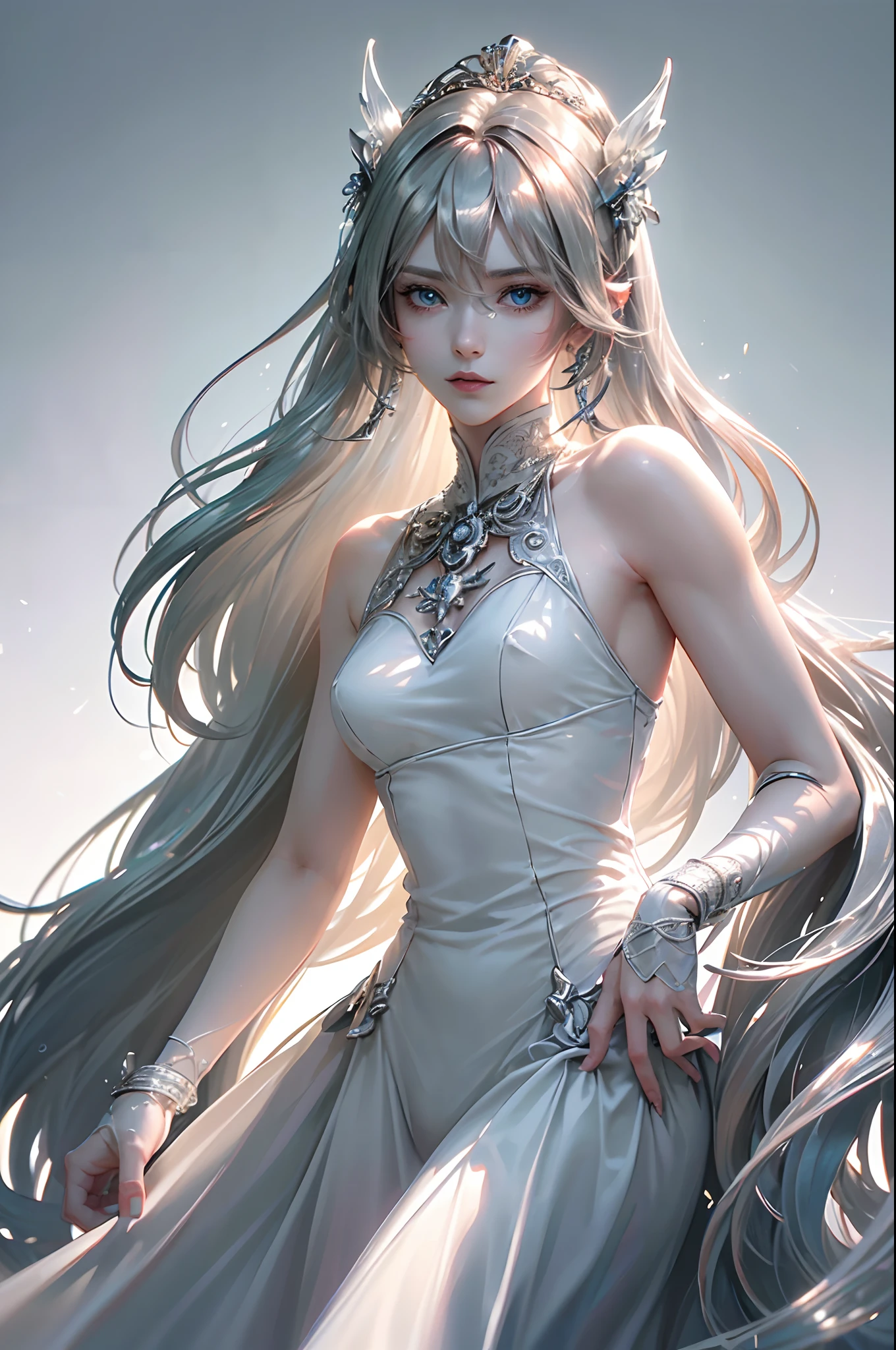 a beautiful goddess of beauty, long flowing hair, flawless porcelain skin, elegant posture, regal headdress, flowing white dress, delicate facial features, serene expression, surrounded by ethereal light, subtle color palette, atmospheric lighting, photorealistic, 8k, ultra-detailed, intricate detail, masterpiece, concept art