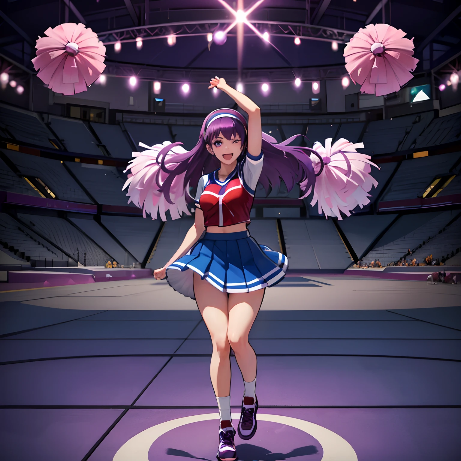 a girl in a cheer uniform holding a baseball glove, long hair, breasts, smile, open mouth, blue eyes, skirt, large breasts, purple eyes, full body, purple hair, hairband, one eye closed, shoes, socks, striped, miniskirt, star (symbol), arm up, hand on hip, cheerleader, pom pom (cheerleading)