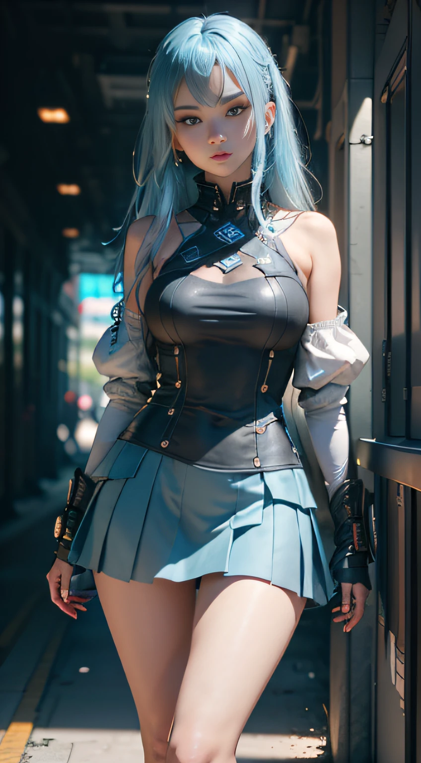 ((top-quality)), ((​masterpiece)), (detaileds:1.4), 。.。.。.3D, Beautiful Cyberpunk Woman Image,nffsw(HighDynamicRange),Ray traching,NVIDIA RTX,Hyper-Resolution,Unreal 5,Sub-surface scattering,PBR Texturing,Postprocess,Anisotropy Filtering,depth of fields,Maximum clarity and sharpness,multi-layer texture,Albedo and specular maps,Surface Shading,Accurate simulation of light-material interactions,perfectly proportions,Octane Rendering,Two-tone lighting,Wide aperture,Low ISO、White Balance、thirds rule、8K Raw、Blue hair、Blue eyes、a short skirt、White underwear、