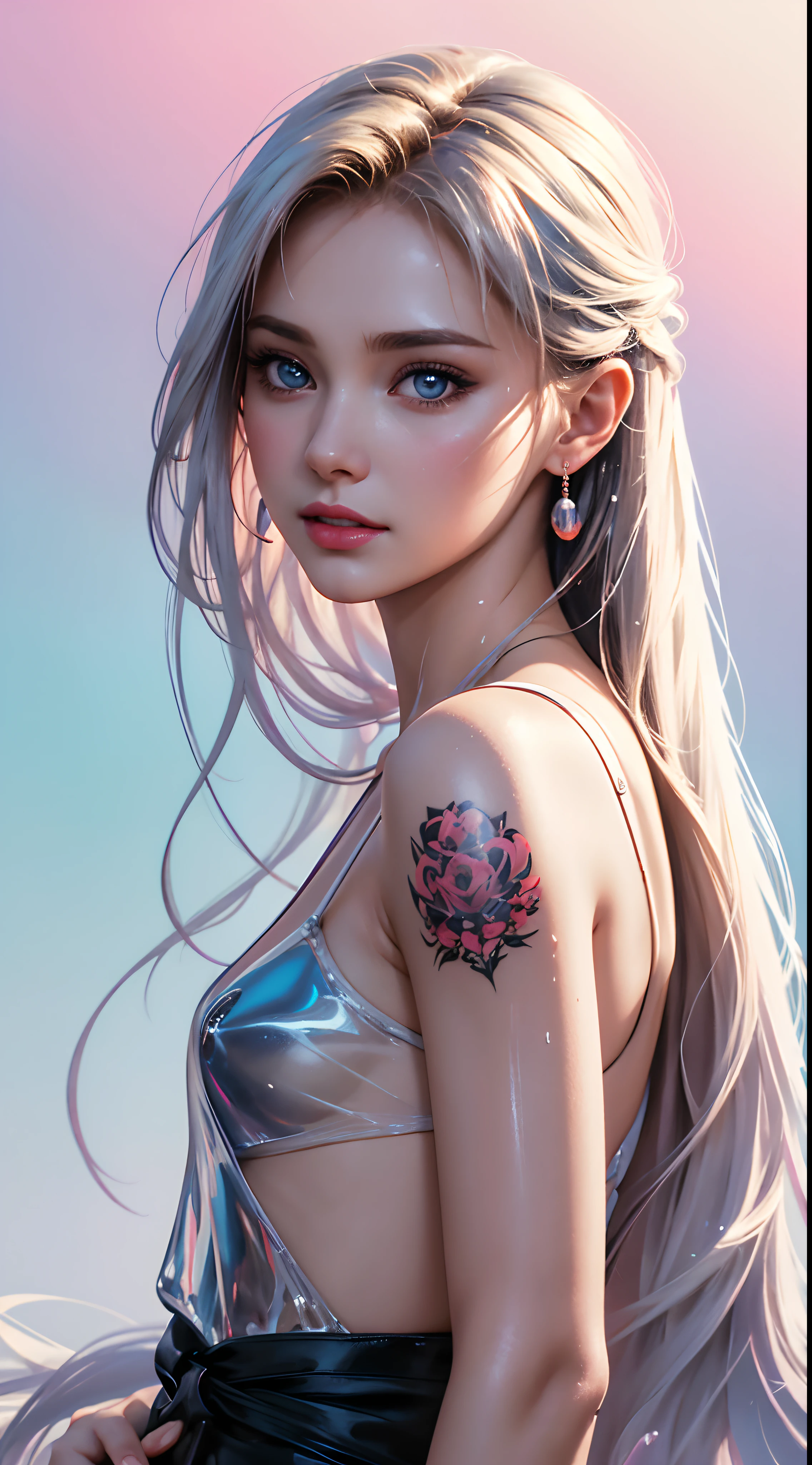 Realistic, full-body portrait of a young, 20-year-old woman with see-through wet marbles. realistic beautiful eyes; cold face, white skin, good looking, small tattoo art does not change body parts. Michael Garmash, Daniel F Gerhartz, Adult style, warm dreamy light, volumetric light, adventure style pulp, liquid acrylic, dynamic gradient, vivid color, illustration, vector curve very detailed, simple, smooth and clean, vector art, smooth, character design, cinematic, surrealism, posters, masterpiece collection, lush vivid colors, royal kiss, wet gouache