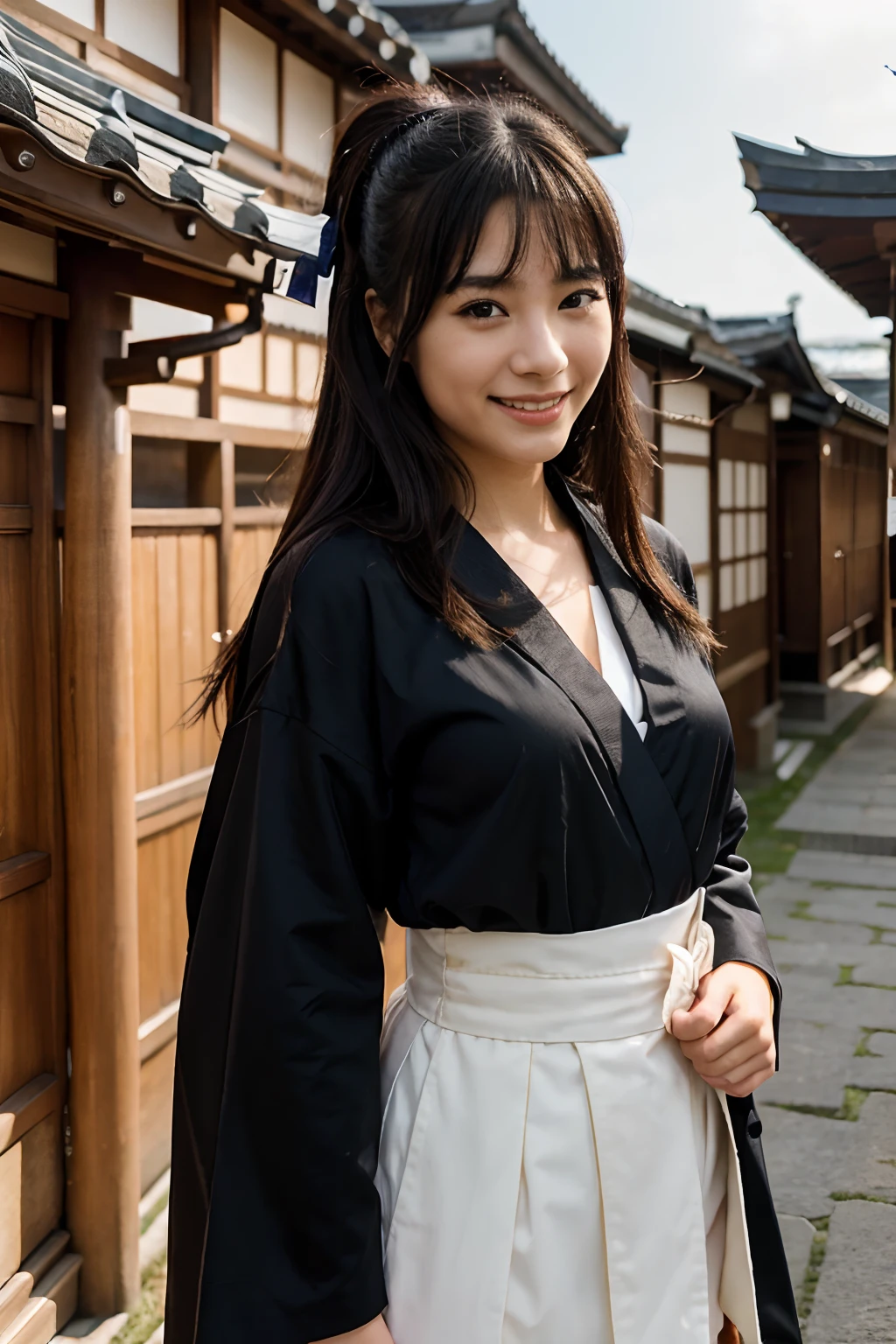 Best Quality,kyoto,s girl,idol,Black kimono,de pele branca,high-level image quality,a smile,frontage