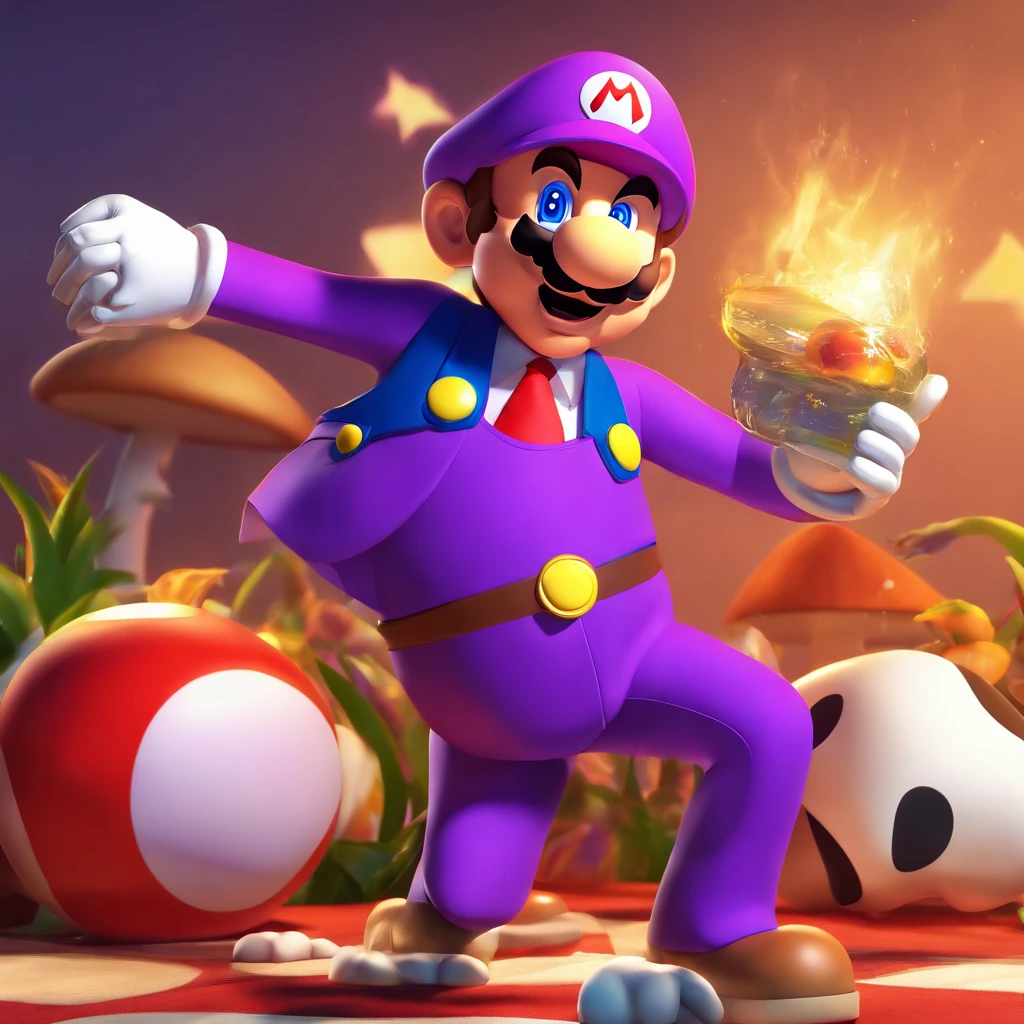 Mario form super Mario bros in a suit posing sigma drinking lean that’s purple in the mushroom kingdom 3d look
