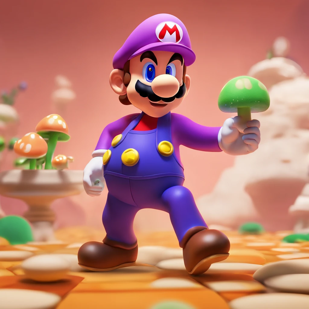 Mario form super Mario bros in a suit posing sigma drinking lean that’s purple in the mushroom kingdom 3d look