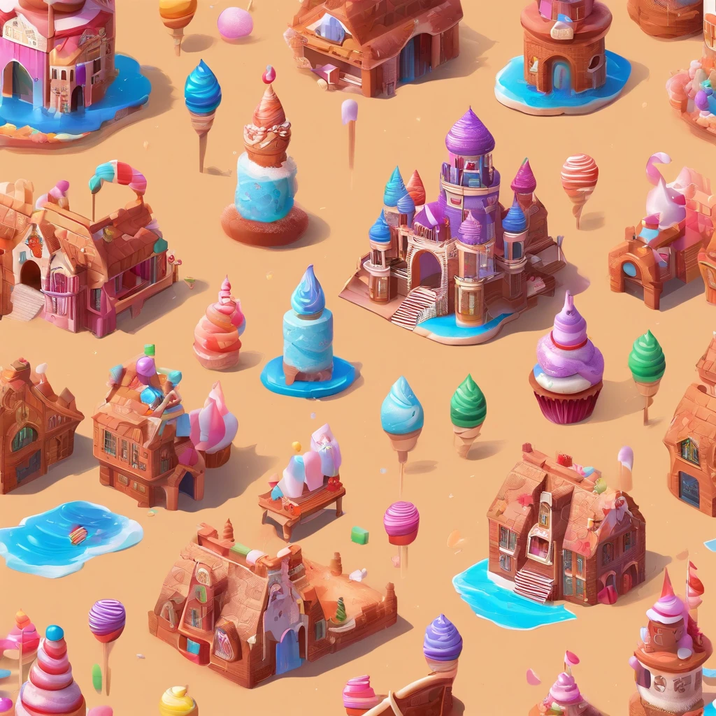 Candy Castle,Small castle,There are chocolates,Cupcakes,Cookie,Candy as a garnish, Clay material, Cartoon design style, pop mart, Soft lighting, Smooth lines, tilt shift lens, Detailed science fiction illustration, Hyper-realistic details, warm color,