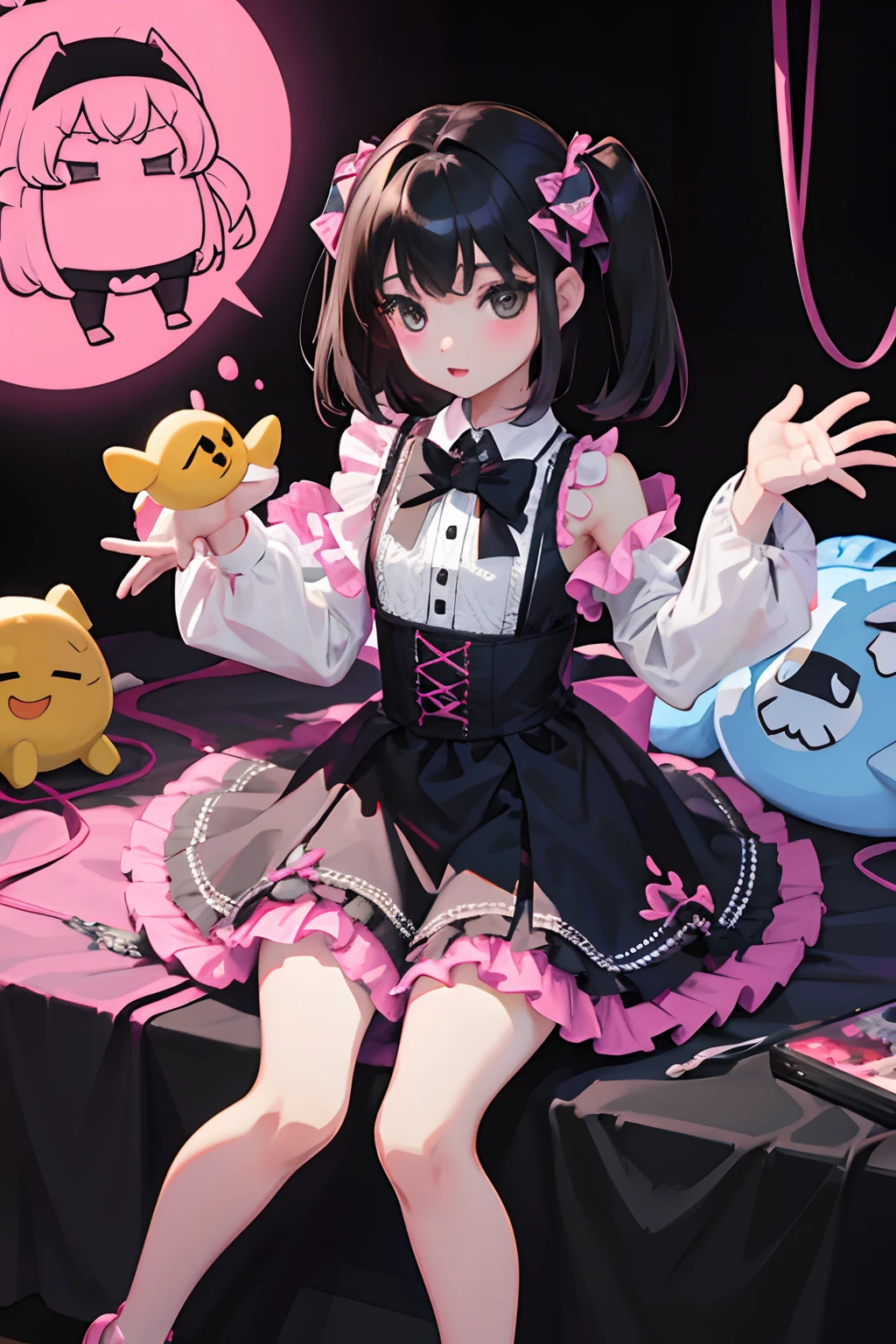 (),(masterpiece,Highest Quality),Sleeveless goth pank,(gingham checked skirt),A dark-haired,World of toys