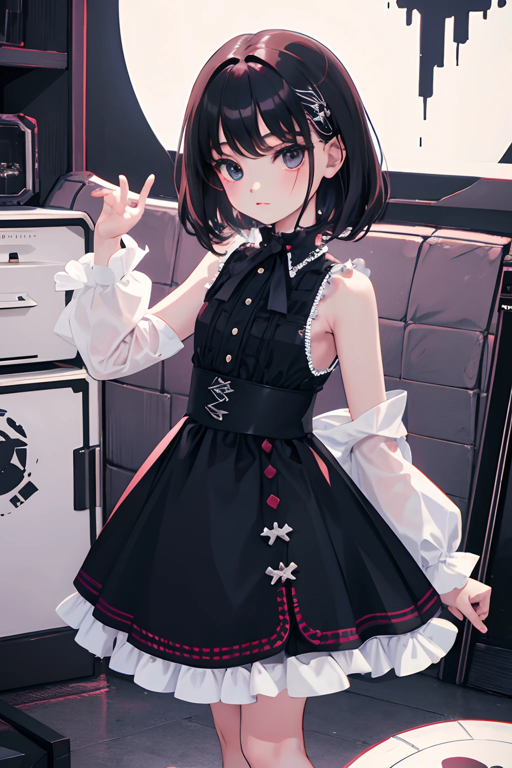 (),(masterpiece,Highest Quality),Sleeveless goth pank,(gingham checked skirt),A dark-haired,World of toys