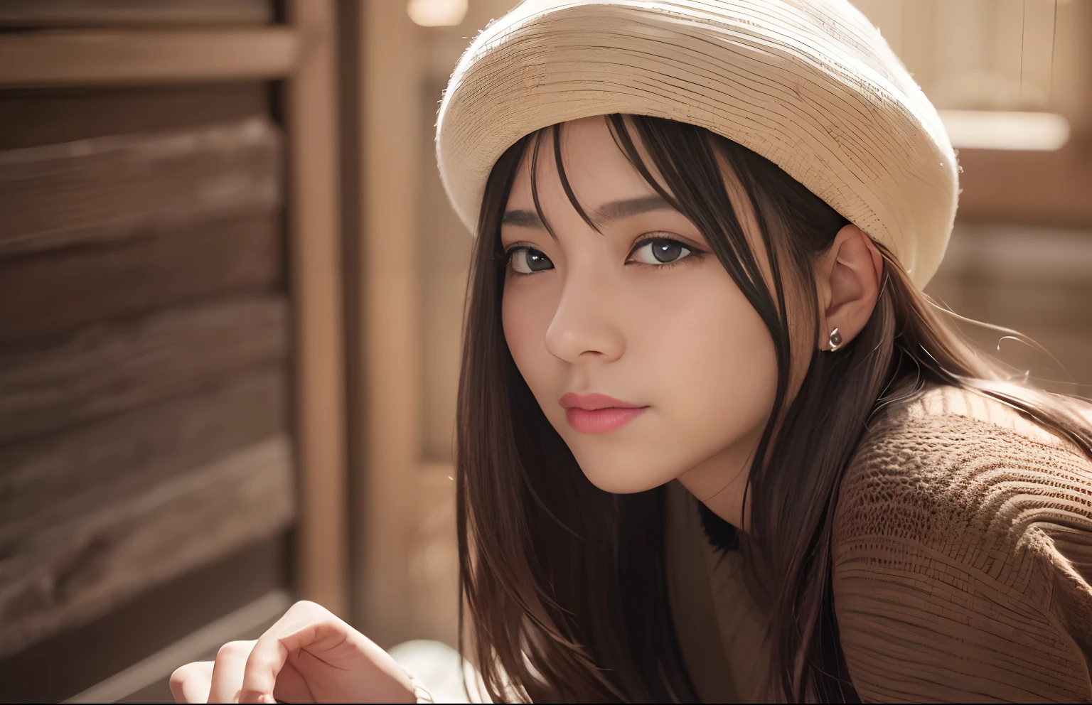 (Best Quality,8K,Realistic:1.37) ,Long hair,Brown hair, Colossal tits:1.5,Dim lighting,darkened room,Knitted clothing,knitted sweater,Tight sweater clothes,Thin open eyes,Open mouth,Shyness,Depression,japanes,sun burn、(Tecateca、The sheen、shiny,Glossy,Muchimuchi),full of sweat,full of sweat,real looking skin,Ear-piercing,beret
