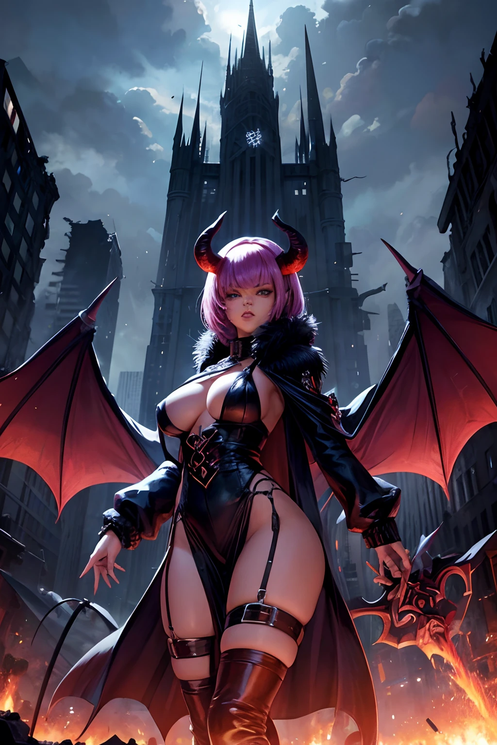 Rihanna hyper-giant, Hyper-powerful demon with two demon horns on his head and demon wings, Purple lightning fire on a building and shatters buildings , ville en ruine post apocalyptique,