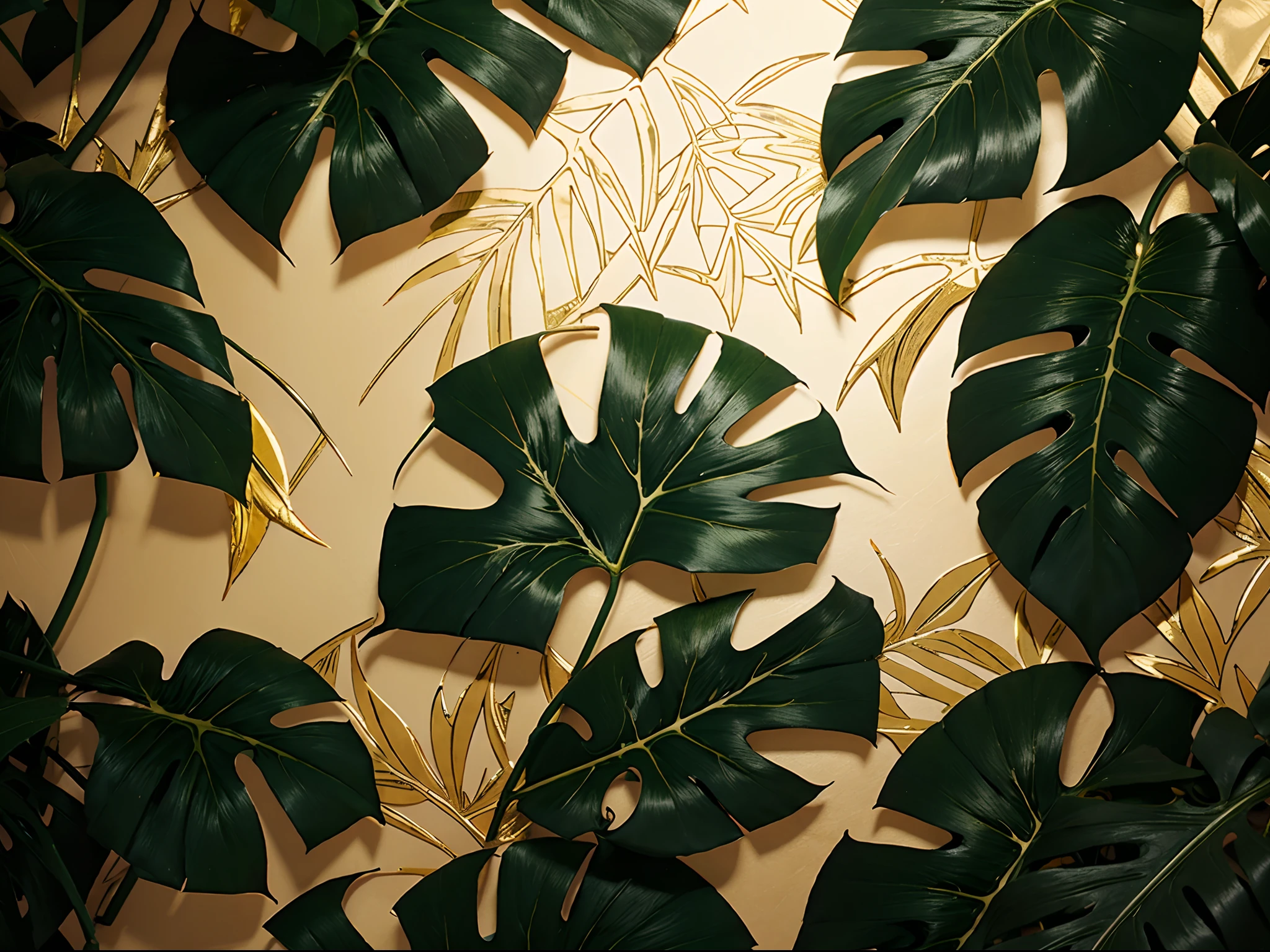 Tropical palm leaves pattern background Gold and black monstera tree foliage decoration design Plant