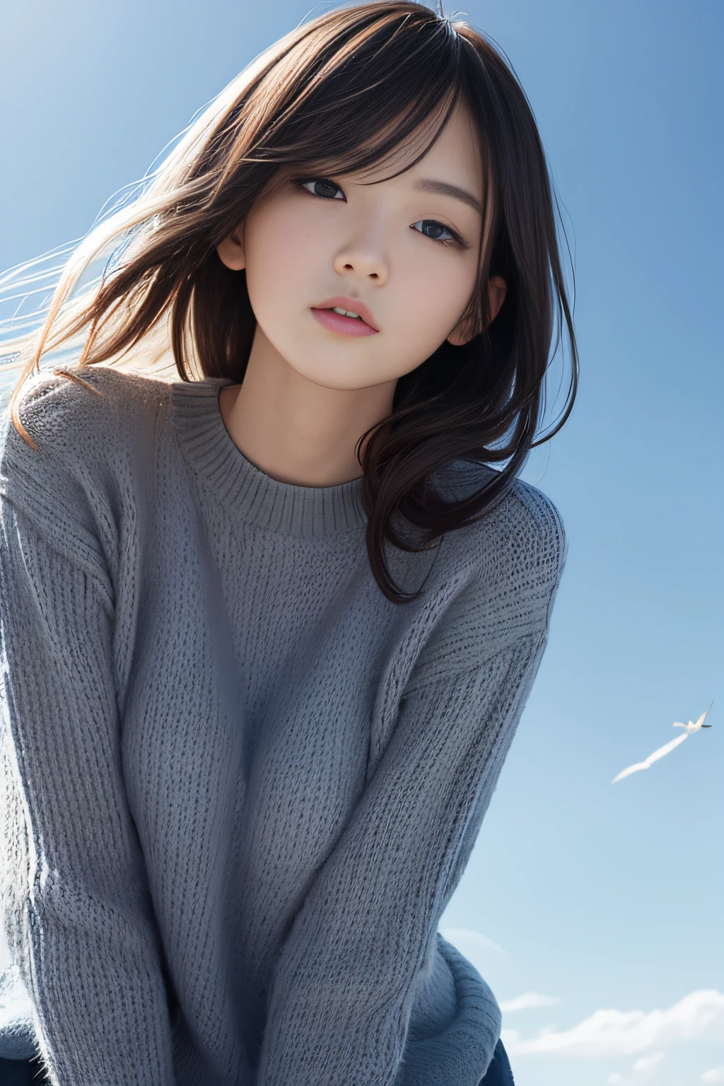 Best Quality、masutepiece、超A high resolution、(Photorealistic:1.4)、adult lady、modeled、long legged、(Thin eyebrows:0.2)、(thin lipss:0.8)、(small nose:0.8)、Appearance without makeup、Knitted sweaters、bottomless、(Looking up at the sky:1.2)、(Shooting from below:1.2)、Spread your arms、Colossal tits、(the perfect body:1.2)、Park at night、It snows a lot、Frozen hair、By Michelangelo、ulzzang -6500-v1.1