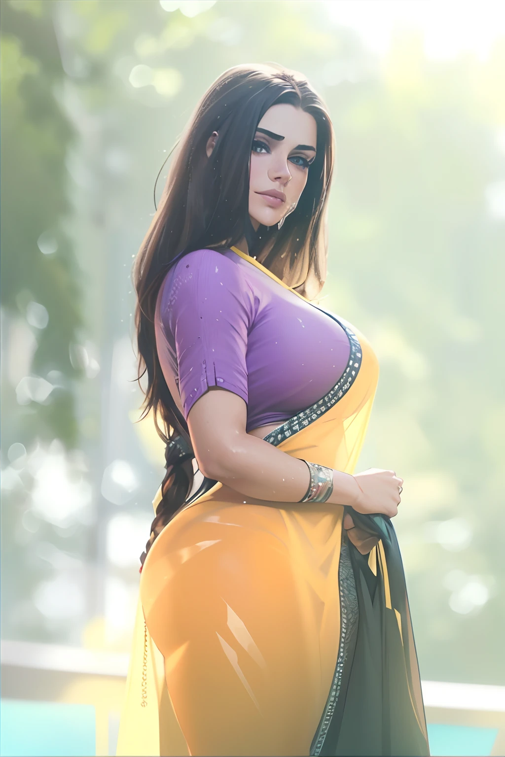4k realista altamente detallada ((cuerpo completo incluyendo piernas)) Photo of the beautiful sweaty 18-year-old Anglo-Saxon girl with ((sharp jaw)) y tetas alegres, con ropa mojada de pie junto a la ventana del dormitorio en un edificio alto con paredes blancas en un sujetador deportivo mojado con un escote profundo transparente dejando visible sus grandes