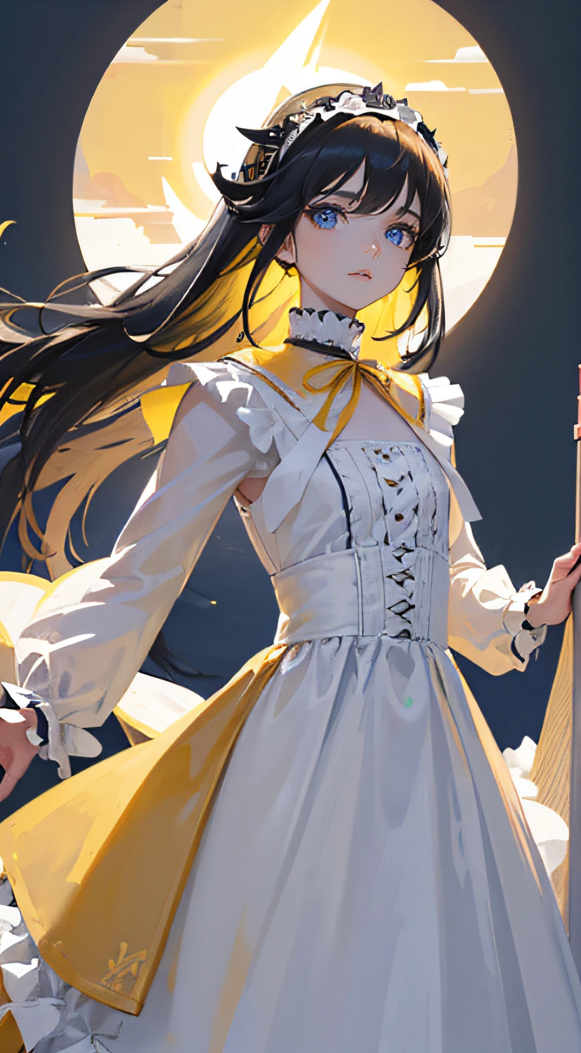 (Best work),(Highest quality),((Long:1.3)),((The long-haired:1.3)),(Black hair),(((Wearing a yellow headband in her hair:1.3))),Gorgeous skirt,softfocus,Very stunning and gorgeous mature woman,Do not wear maid headbands,(Black hair),(Solo),(((White costume:1.3))),(((All Gothic ta costumes are white cloth:1.3))),((Dress-type costumes)),Elegant and elegant Gothic Loli(small udder)),((thin chest)),Soft skin,Tall,Mature body,Nice big blue eyes,(High detail eyes),A look of compassion、Eyes open,Have a bouquet of white flowers,Illuminated by the sun,Beautiful cobblestones,Well-kept trees,Colorful flowers々、Western-style garden,Bust-up composition,Built for cameras,oriented,Awe-inspiring scenery,Camera Eye,Glittering decoration revealing white,Stylish atmosphere,Beautiful scenery,Overhead configuration,f lare,Fine Features,Perfect Anatomy Tommy,Centered, Perfect distance, Delicate details, with an intricate, acurate, Highly detailed rich colors, taming, Rich colors, clean, Rich colors, elaborate details, golden ratio illustrations