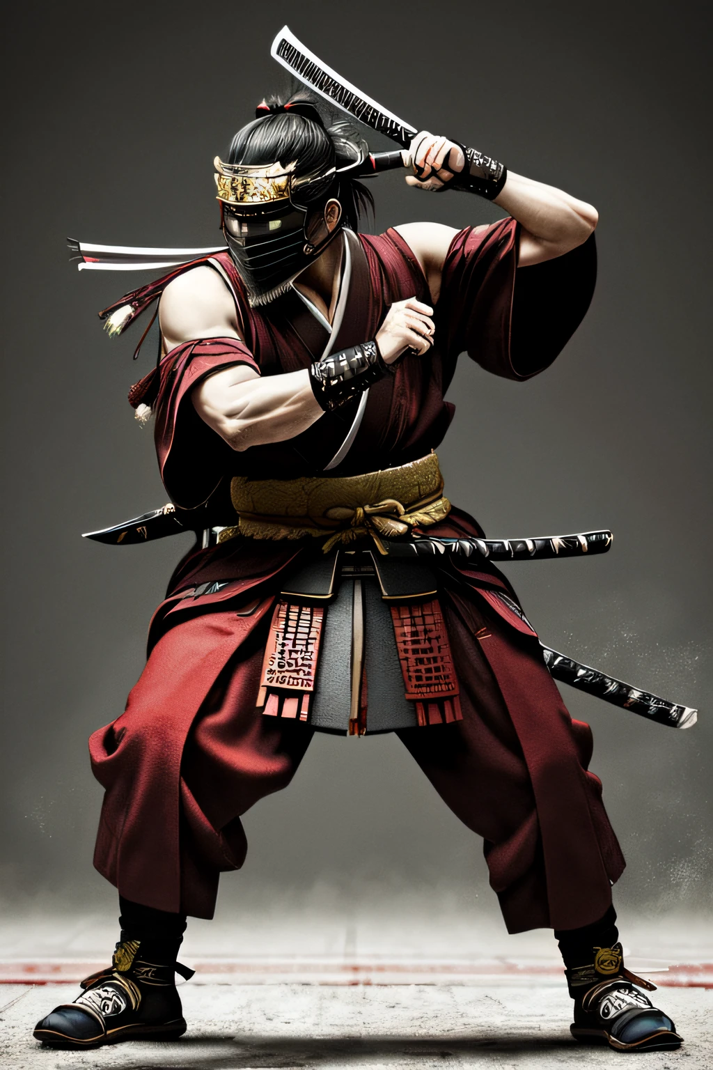 A masterful artistic interpretation of a samurai warrior in a combat stance, utilizing ultra - realistic, hyper - detailed techniques with a grungy, moody aesthetic. The color scheme should incorporate a dark green and red vibe, paying homage to the traditional Japanese style with an old - school vibe.