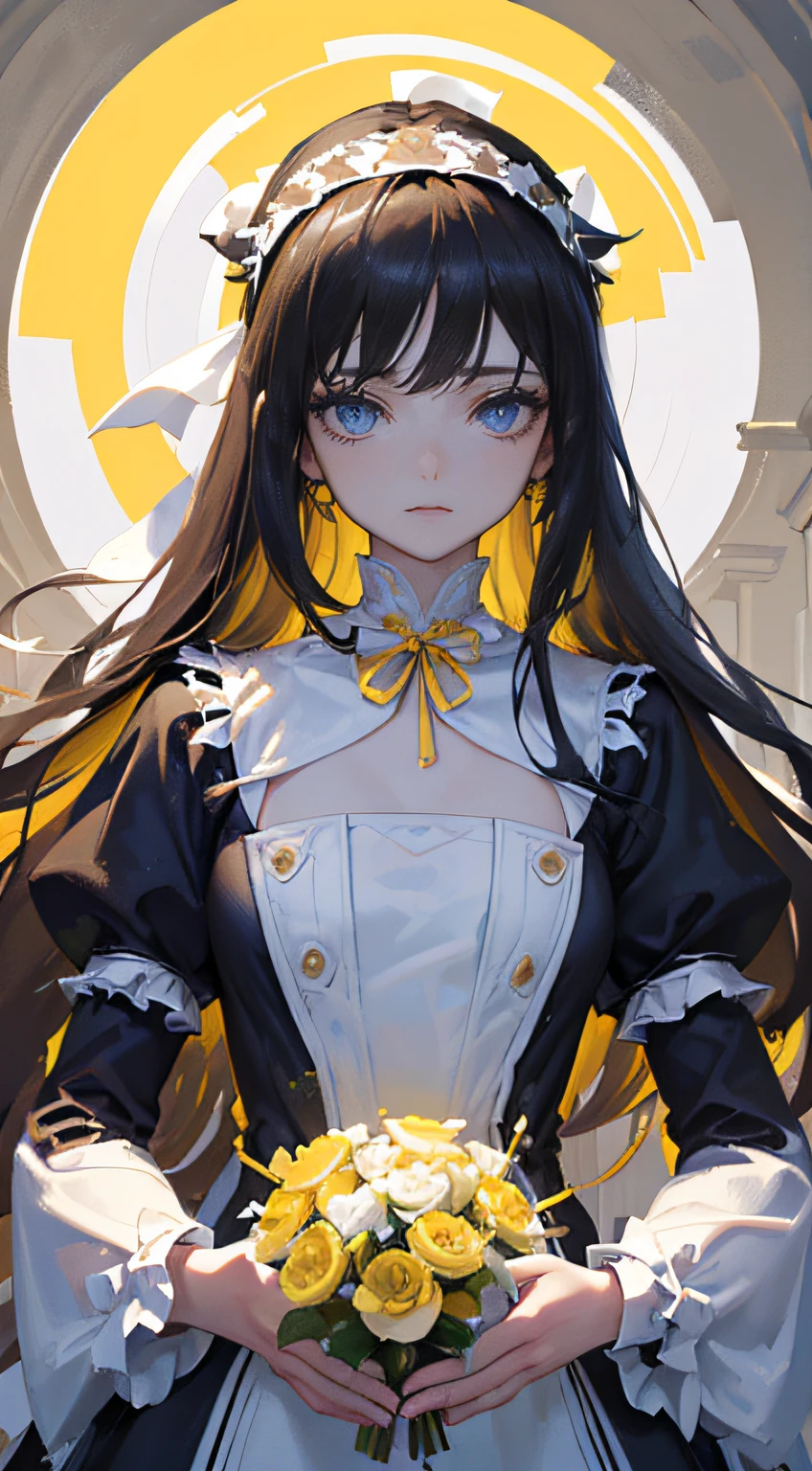 (Best work),(Highest quality),((Long:1.3)),((The long-haired:1.3)),(Black hair),(((Wearing a yellow headband in her hair:1.3))),Gorgeous skirt,softfocus,Very stunning and gorgeous mature woman,Do not wear maid headbands,(Black hair),(Solo),(((White costume:1.3))),(((All Gothic Lolita costumes are white cloth:1.3))),((Dress-type costumes)),Elegant and elegant Gothic Lolita,((small udder)),((thin chest)),Soft skin,Tall,Mature body,Nice big blue eyes,(High detail eyes),A look of compassion、Eyes open,Have a bouquet of white flowers,Illuminated by the sun,Beautiful cobblestones,Well-kept trees,Colorful flowers々、Western-style garden,Bust-up composition,Built for cameras,oriented,Awe-inspiring scenery,Camera Eye,Glittering decoration revealing white,Stylish atmosphere,Beautiful scenery,Overhead configuration,f lare,Fine Features,Perfect Anatomy Tommy,Centered, Perfect distance, Delicate details, with an intricate, acurate, Highly detailed rich colors, taming, Rich colors, clean, Rich colors, elaborate details, golden ratio illustrations