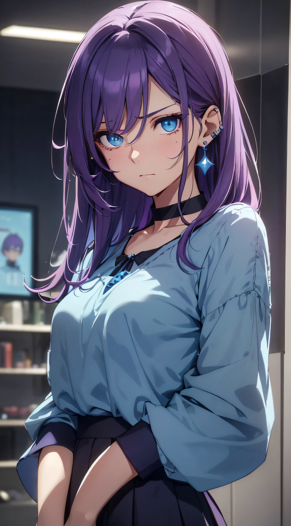 Ultra-realistic 8K CG，tmasterpiece，by krenz cushart、Anime style、Goe frog、(Purple hair、Odeco comes out:1.3、parted bangs,Medium Hair)、Tight blouse , Tight skirt ,(extremely detailed eye and face，,blue eyess、drooing eyes:1.3),is shy，(blue eyess、drooing eyes)、She wears a small light blue ear cuff in her left ear.、There is one mole just below the left eye:1.3、He wears a light blue choker around his neck