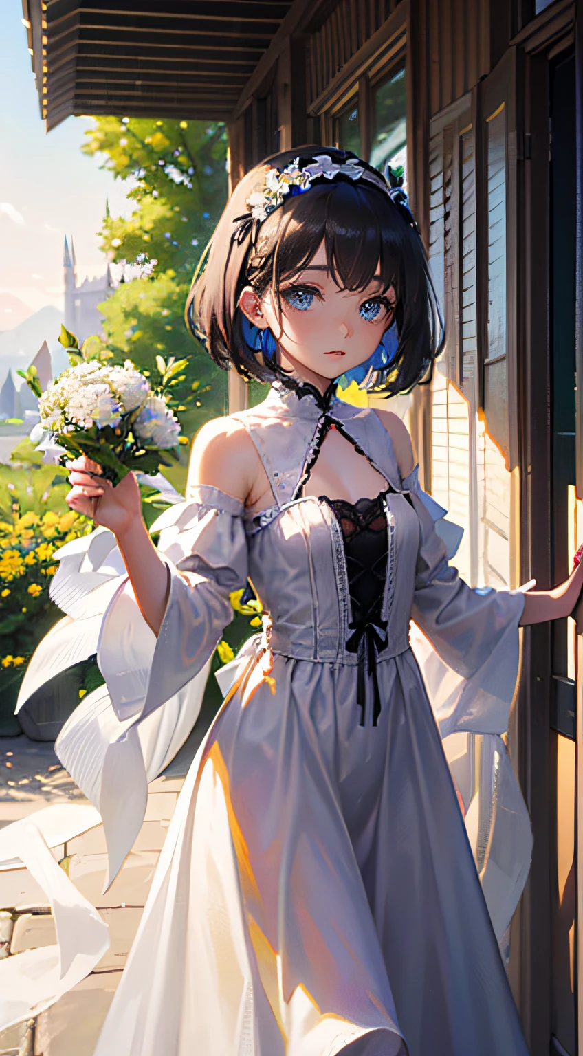 (Best work),(Highest quality),((Long:1.3)),(((Wearing a yellow headband in her hair:1.3))),Gorgeous skirt,softfocus,Very stunning and gorgeous mature woman,Do not wear maid headbands,(Black hair),(Solo),(((White costume:1.3))),(((All Gothic Lolita costumes are white cloth:1.3))),((Dress-type costumes)),Elegant and elegant Gothic Lolita,((small udder)),((thin chest)),Soft skin,Tall,Mature body,Nice big blue eyes,(High detail eyes),A look of compassion、Eyes open,Have a bouquet of white flowers,Illuminated by the sun,Beautiful cobblestones,Well-kept trees,Colorful flowers々、Western-style garden,Bust-up composition,Built for cameras,oriented,Awe-inspiring scenery,Camera Eye,Glittering decoration revealing white,Stylish atmosphere,Beautiful scenery,Overhead configuration,f lare,Fine Features,Perfect Anatomy Tommy,Centered, Perfect distance, Delicate details, with an intricate, acurate, Highly detailed rich colors, taming, Rich colors, clean, Rich colors, elaborate details, golden ratio illustrations