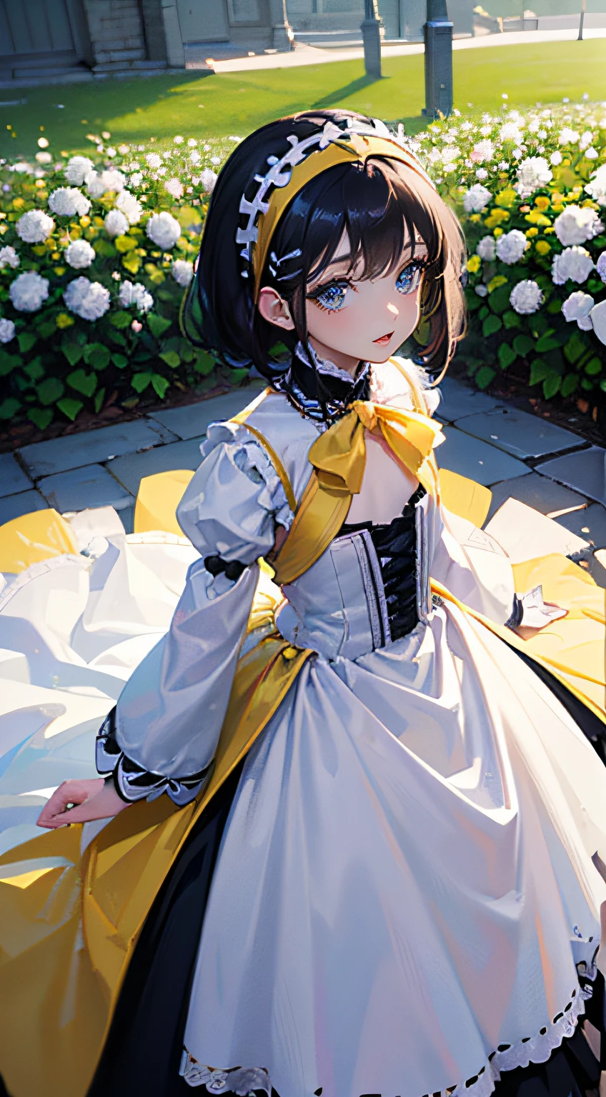 (Best work),(Highest quality),((Long:1.3)),(((Wearing a yellow headband in her hair:1.3))),Gorgeous skirt,softfocus,Very stunning and gorgeous mature woman,Do not wear maid headbands,(Black hair),(Solo),(((White costume:1.3))),(((All Gothic Lolita costumes are white cloth:1.3))),((Dress-type costumes)),Elegant and elegant Gothic Lolita,((small udder)),((thin chest)),Soft skin,Tall,Mature body,Nice big blue eyes,(High detail eyes),A look of compassion、Eyes open,Have a bouquet of white flowers,Illuminated by the sun,Beautiful cobblestones,Well-kept trees,Colorful flowers々、Western-style garden,Bust-up composition,Built for cameras,oriented,Awe-inspiring scenery,Camera Eye,Glittering decoration revealing white,Stylish atmosphere,Beautiful scenery,Overhead configuration,f lare,Fine Features,Perfect Anatomy Tommy,Centered, Perfect distance, Delicate details, with an intricate, acurate, Highly detailed rich colors, taming, Rich colors, clean, Rich colors, elaborate details, golden ratio illustrations