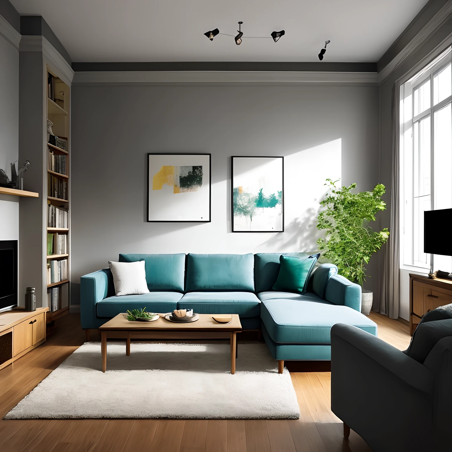 amarelo、verdant、Dark gray、sofas、living room、a cool