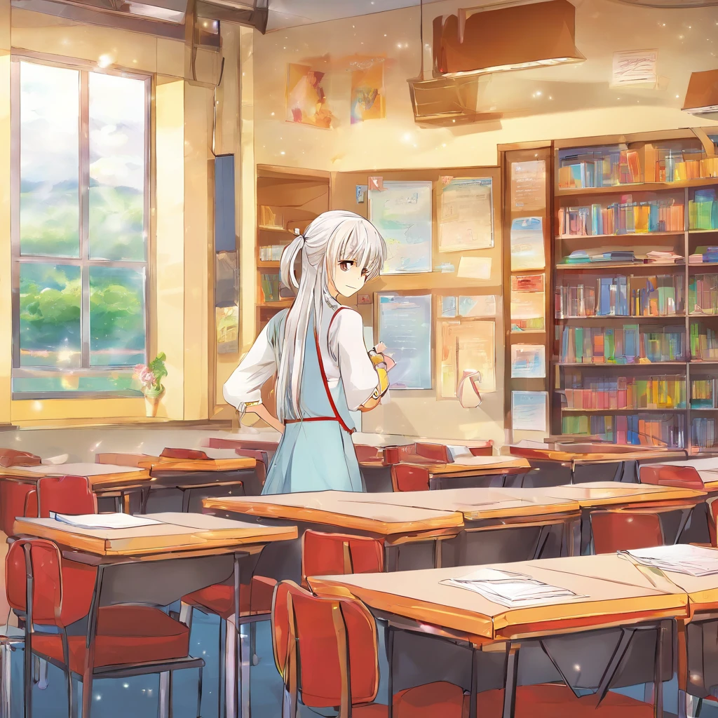 masterpiece, bestquality, , UHD, painting, Beautiful eyes and detailed faces, illustration, beautiful details, anime, 16ear boy.ong White hair, yellow eyes, High level of creativity, gorgeous face, Japanese Men, Pretty Boy, School Girls Uniform, sharp, Sitting distracted in the classroom, Sharp lighting, Hands cling to the window, anime, in a classroom, in a classroom