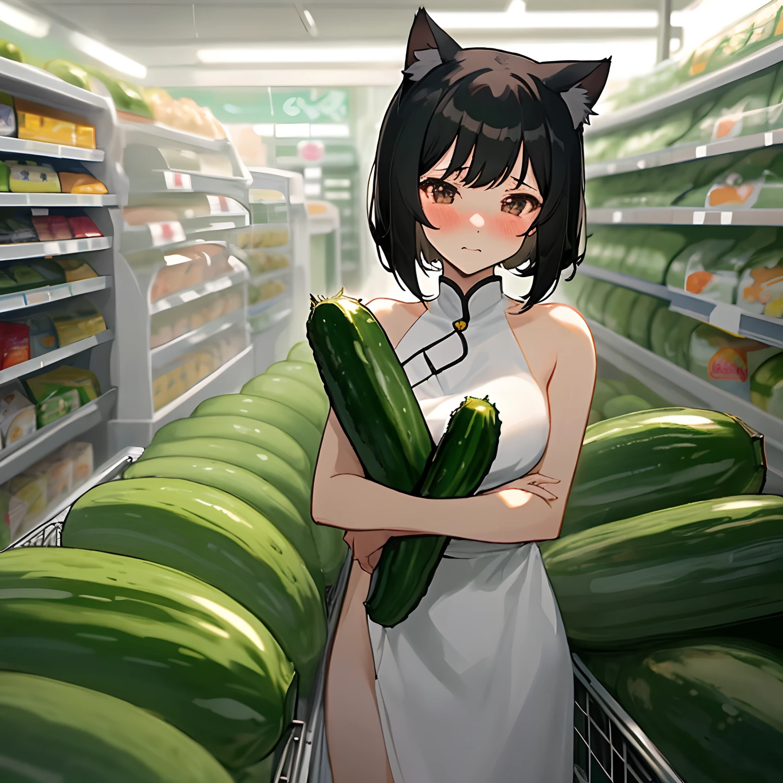 Short black hair,Delicate facial features,cat ear,animemanga girl,maidennurse,at supermarket,Take the cucumber,Naked,Wear a sling,shyexpression,blacksilk