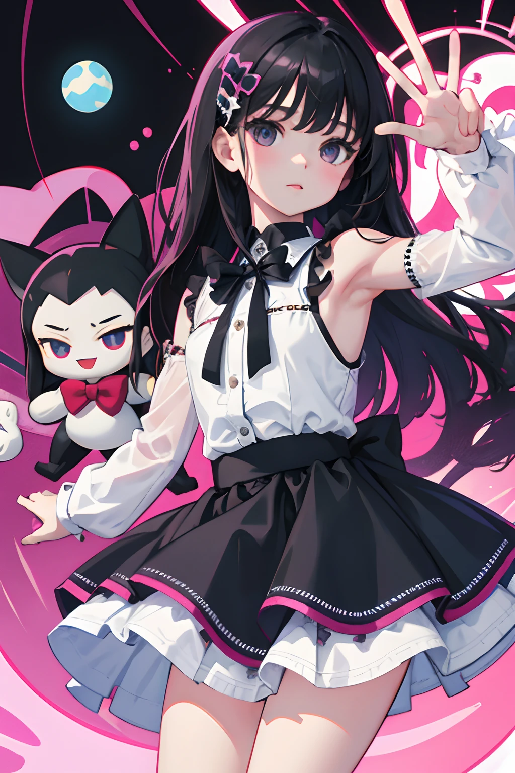 (child),(masterpiece,Highest Quality),Sleeveless goth pank,(gingham checked skirt),A dark-haired,World of toys