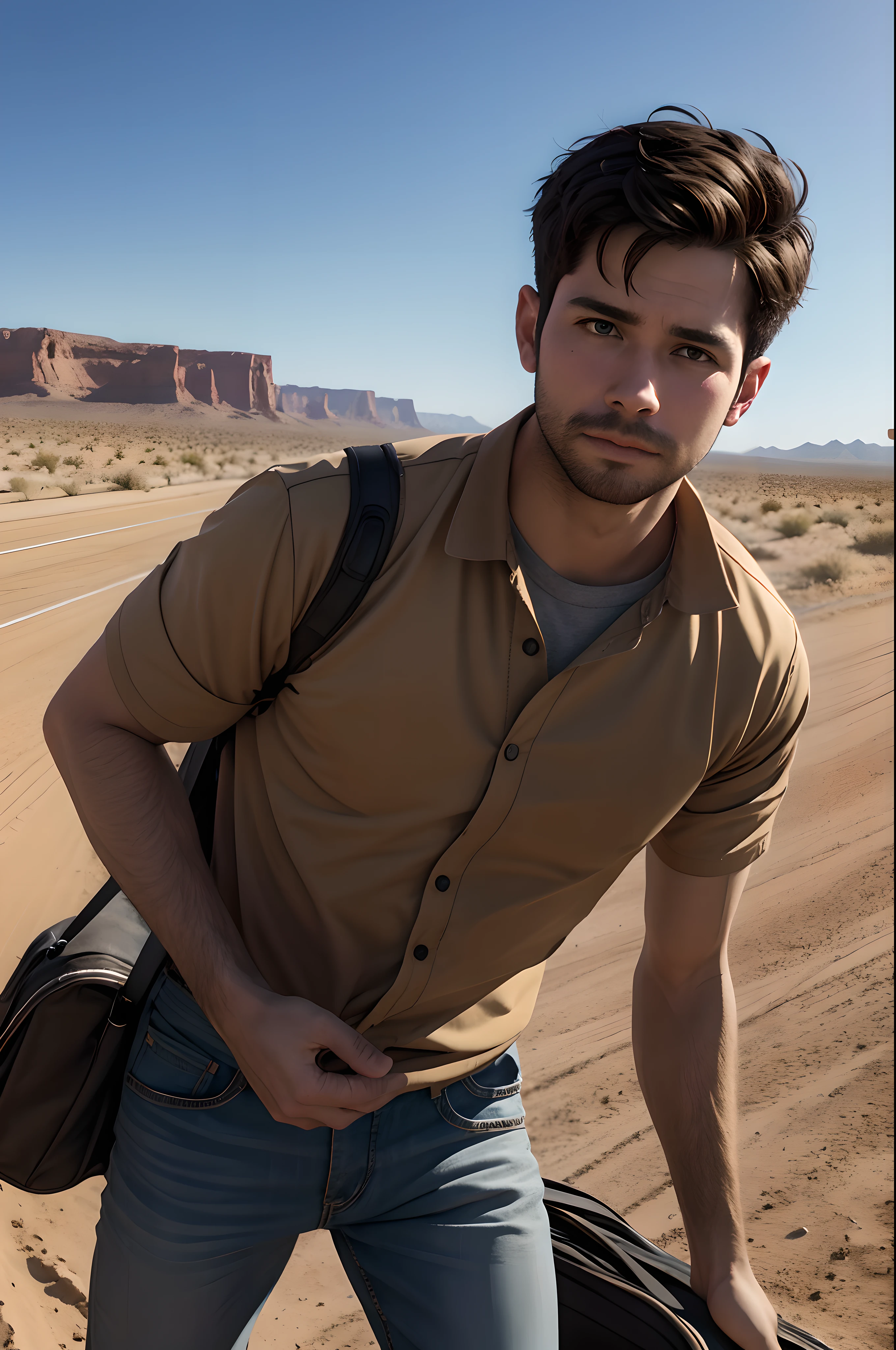 close up shot of delivery man, Dan Ehrenreich, Alden Dellesso standing in desert highway
