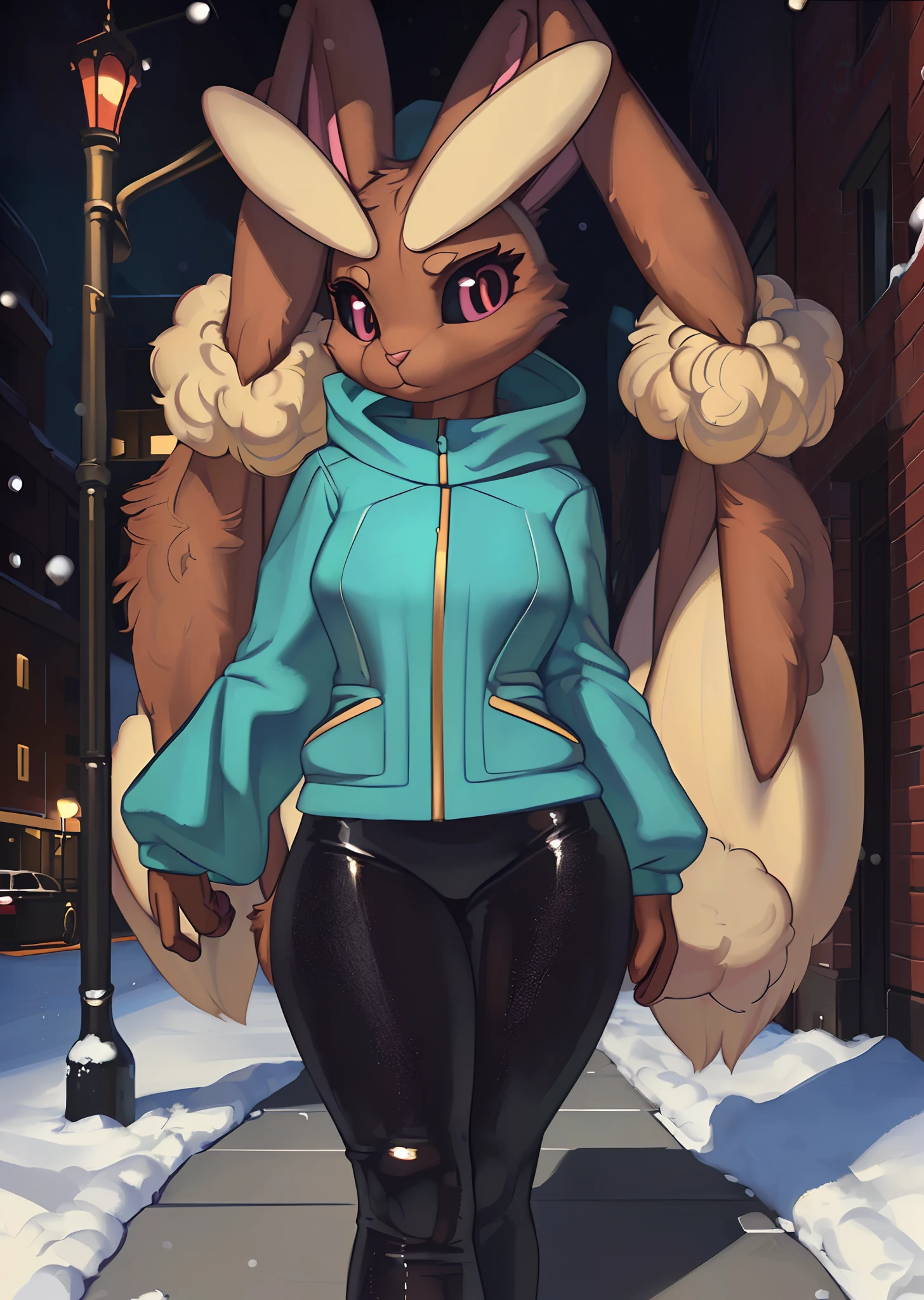 [pokemon; lopunny], [Uploaded to e621.net; (Foxovh), (Pixelsketcher), (mayosplash)], ((masterpiece)), ((HD)), ((High Quality)), ((solo portrait)), ((full body)), ((front view)), ((furry; anthro lop bunny girl)), ((detailed fur)), ((cel shading)), ((detailed shading)), ((beautiful render art)), {(anthro pokemon; lopunny, brown fur, (long floppy bunny ears), (ears down back like hair), (small fluffy beige rabbit tail), (frown), (long beige fluffy eyebrows), (gorgeous hips}, {(teal coat), (fluffy hood), (black spandex yoga pants)}, {(walking), (arms at sides), (looking ahead)}, [background; (park), (sidewalk), (snow), (cloudy blue sky), (ambient lighting)]