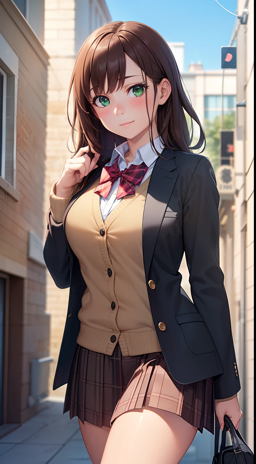 ((Masterpiece, Best quality, A high resolution, hyper HD, Perfect pixels, Depth of field, 4K, RTX, hdr))), 1girll, Single, Solo, Beautiful anime girl, Beautiful Art Style, anime figure, ((Long hair, bangs, Brown hair, Curly hair:0.8)), ((Green eyes:1.4, Rounded eyes, Beautiful eyelashes, Realistic eyes)), ((Detailed face, Blushing:1.2)), ((Smooth texture:0.75, Realistic texture:0.65, Photorealistic:1.1, Anime CG style)), Medium breasts, Dynamic Angle, Perfect body, ((Portrait, angle of view)), ((red bowtie, school uniform, Black jacket, Open jacket, Brown cardigan, White shirt, Black skirt, plaid skirts)), Smile, An amusement park