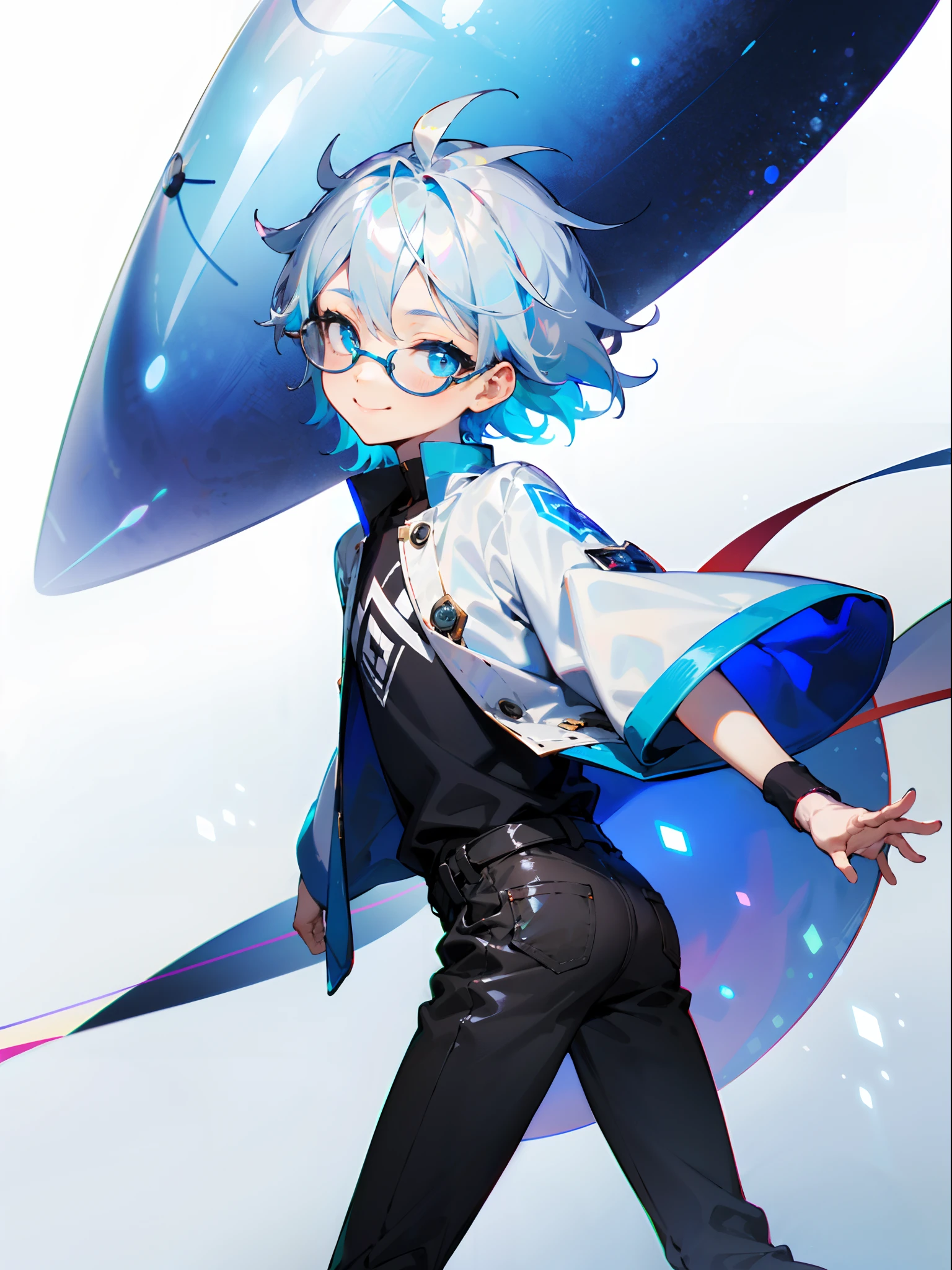 (Male , eye glasses,blue eyess,A smile, silber hair),独奏、Iridescent background、Leader Model Pose、low angles