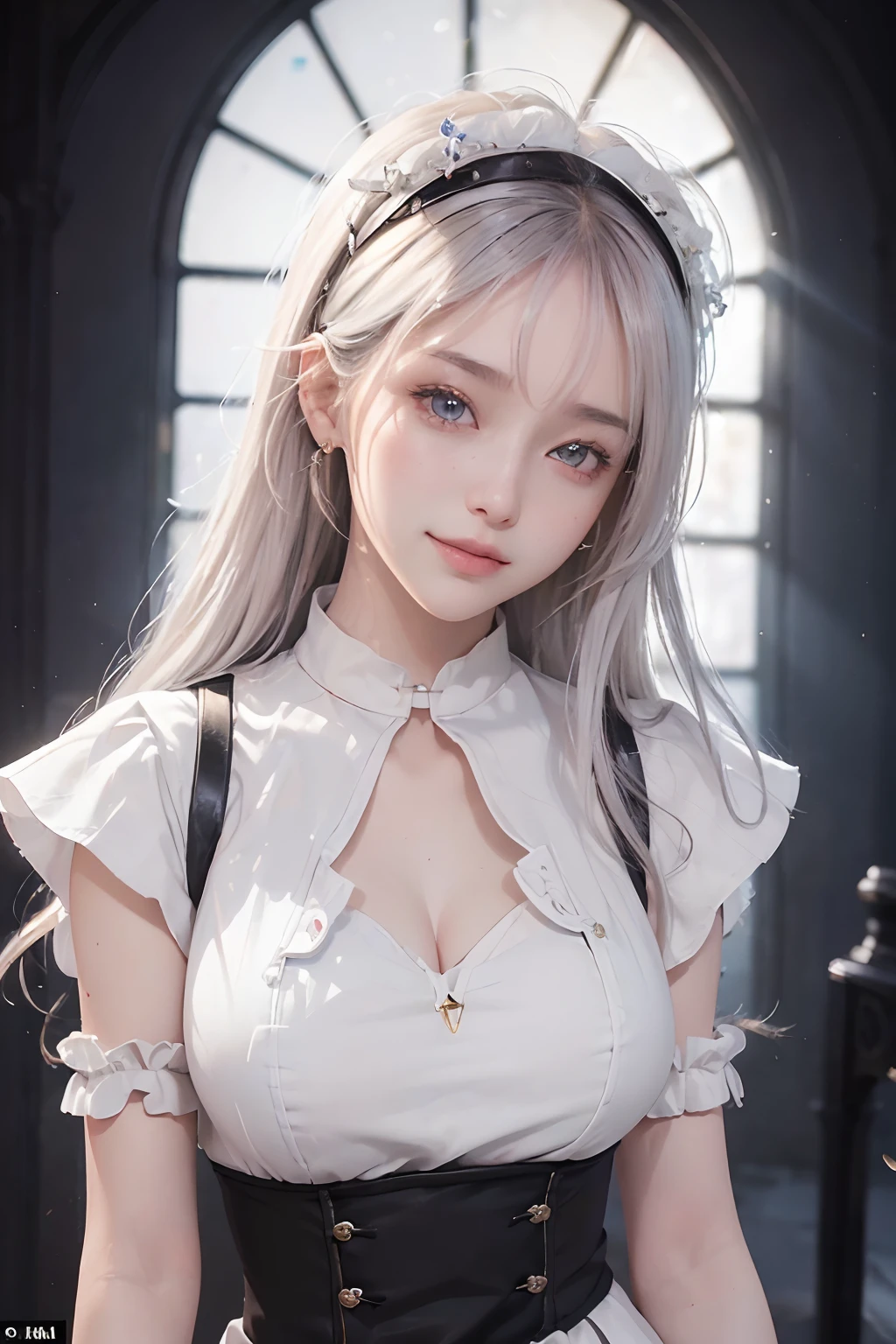 ((top-quality:1.3、8K、​masterpiece))、1girl in、Detailed Face 1:2、kawaii faces、A detailed eye、a smile、Pretty Woman、full bodyesbian、father、sister、cathedral、Praying、Black clothe、White background、brightened light、background is church、Monastic Uniform、White gold hair、