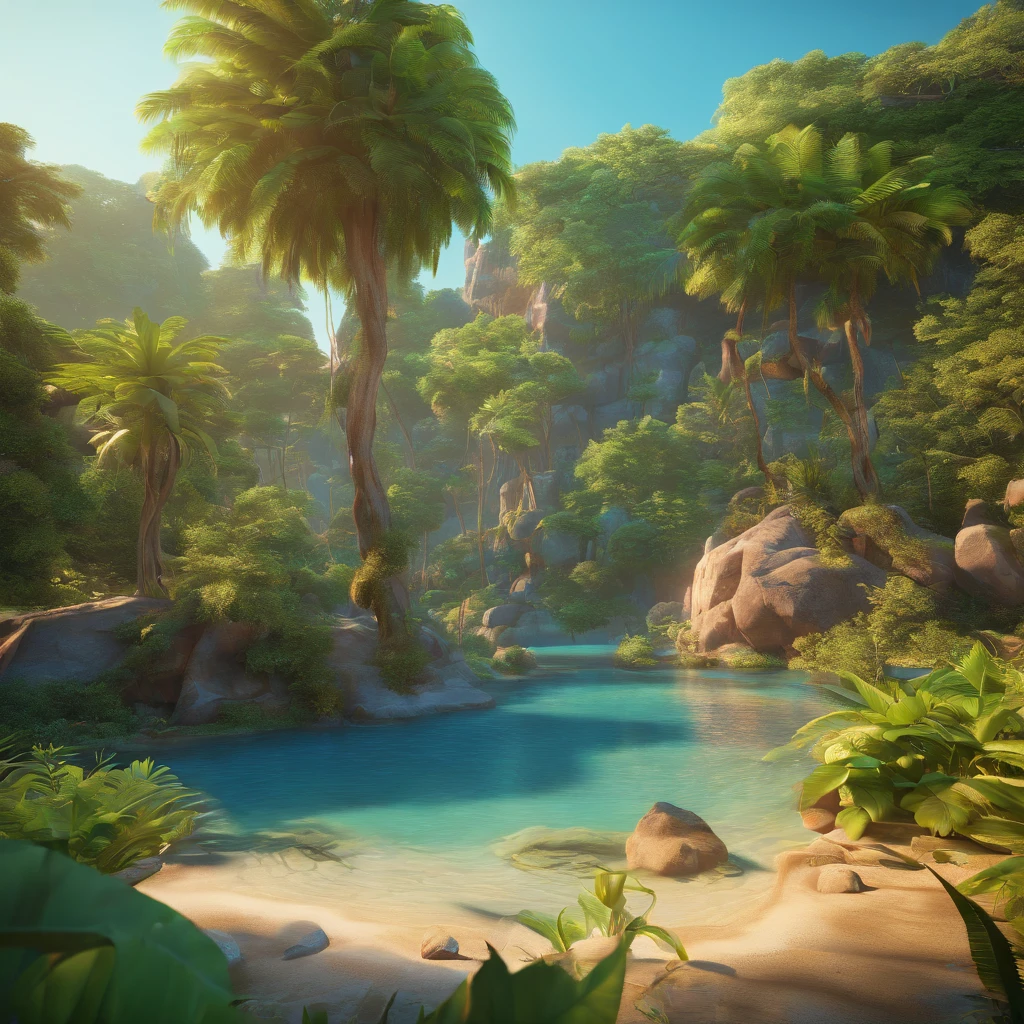 Masterpiece, best quality, (very detailed CG unity 8k wallpaper) (best quality), (best illustration), (best shadows) Vibrant colors, jungle, water, natural beauty, peaceful oasis , cherry tree, blue sky ray tracing, super detailed --v6