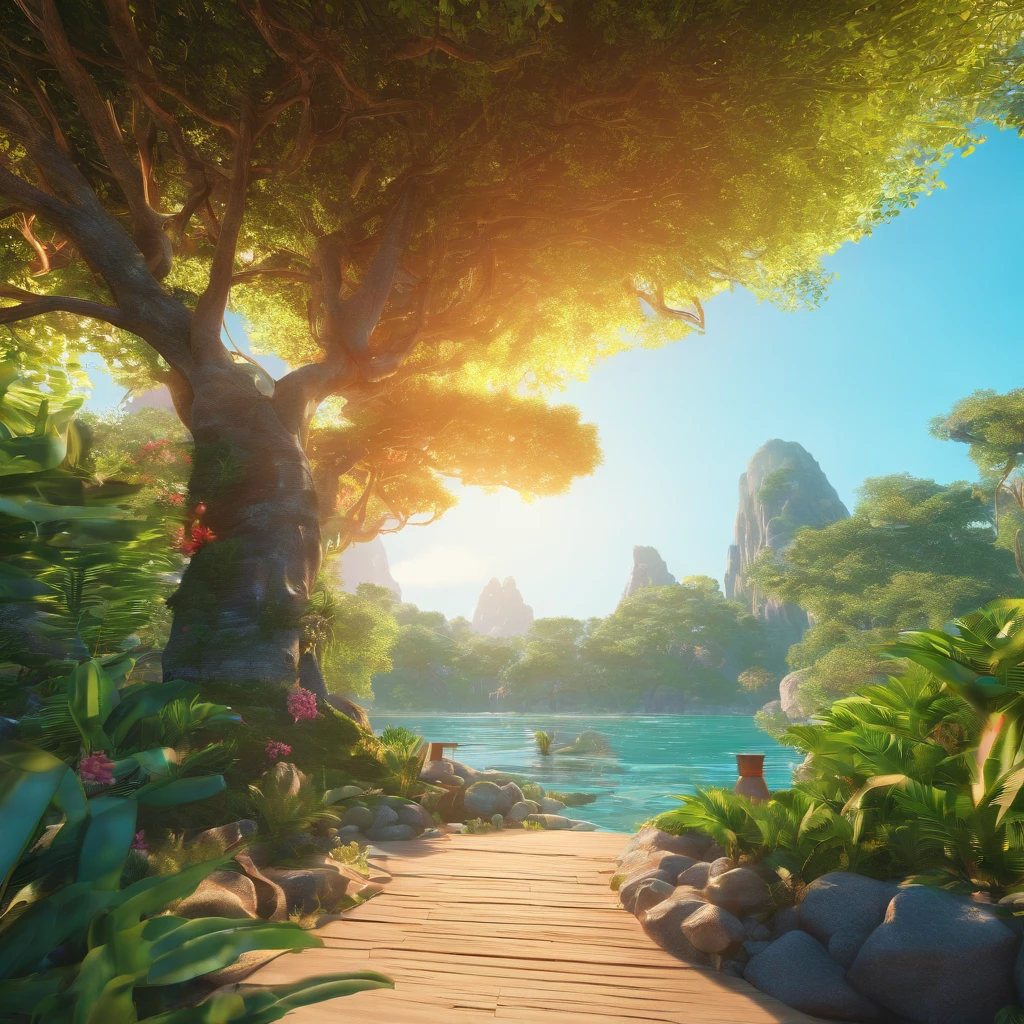 Masterpiece, best quality, (very detailed CG unity 8k wallpaper) (best quality), (best illustration), (best shadows) Vibrant colors, jungle, water, natural beauty, peaceful oasis , cherry tree, blue sky ray tracing, super detailed --v6