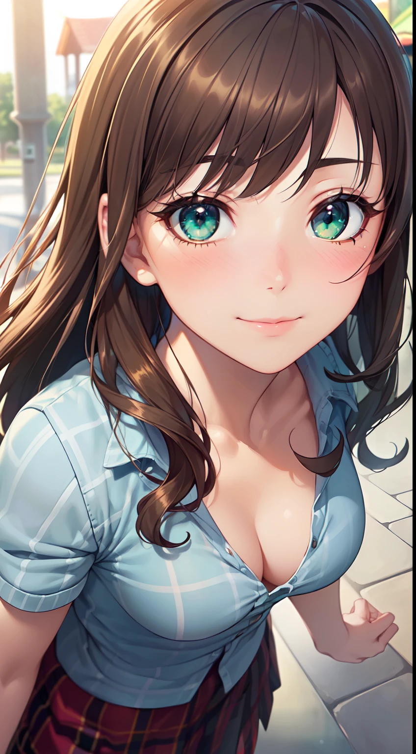 ((Masterpiece, Best quality, A high resolution, hyper HD, Perfect pixels, Depth of field, 4K, RTX, hdr))), 1girll, Single, Solo, Beautiful anime girl, Beautiful Art Style, anime figure, ((Long hair, bangs, Brown hair, Curly hair:0.8)), ((Green eyes:1.4, Rounded eyes, Beautiful eyelashes, Realistic eyes)), ((Detailed face, Blushing:1.2)), ((Smooth texture:0.75, Realistic texture:0.65, Photorealistic:1.1, Anime CG style)), Medium breasts, Dynamic Angle, Perfect body, ((Portrait, angle of view)), ((plaid skirts)), Smile, An amusement park