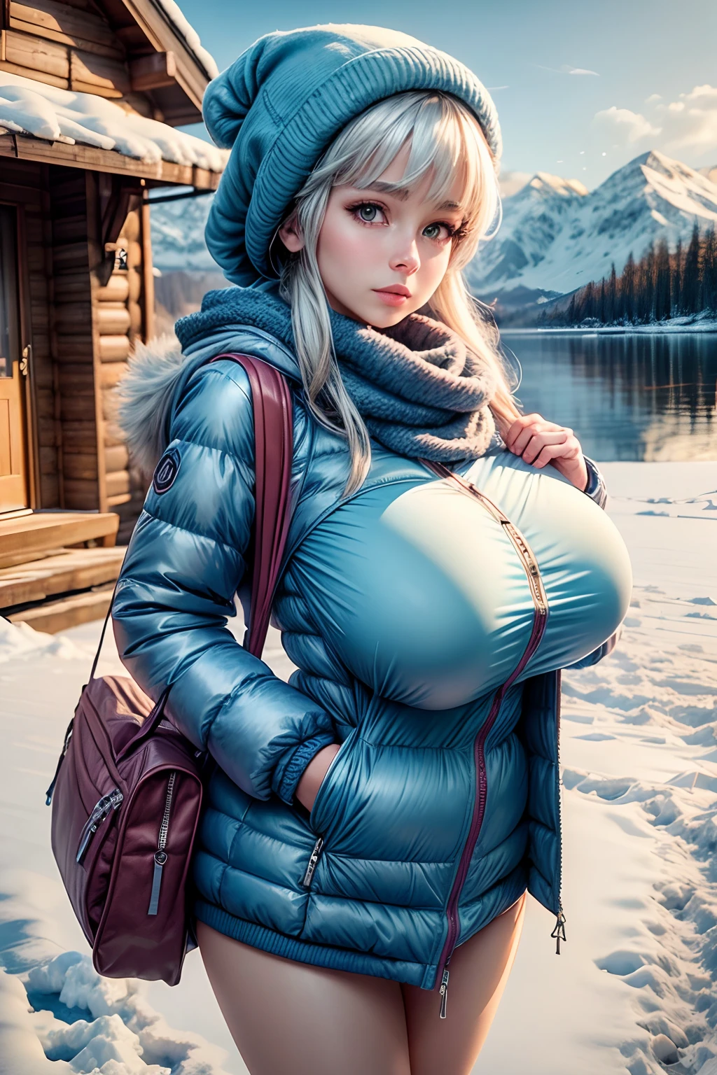 Make a woman with big breast, light blue long winterjacket , with open zipper, with face, body, Lakeside house, travel bag, dog Nude