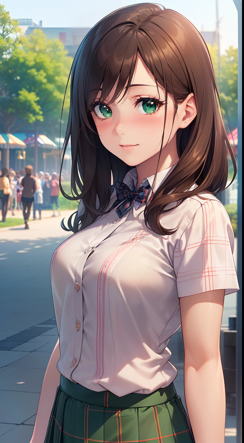 ((Masterpiece, Best quality, A high resolution, hyper HD, Perfect pixels, Depth of field, 4K, RTX, hdr))), 1girll, Single, Solo, Beautiful anime girl, Beautiful Art Style, anime figure, ((Long hair, bangs, Brown hair, Curly hair:0.8)), ((Green eyes:1.4, Rounded eyes, Beautiful eyelashes, Realistic eyes)), ((Detailed face, Blushing:1.2)), ((Smooth texture:0.75, Realistic texture:0.65, Photorealistic:1.1, Anime CG style)), Medium breasts, Dynamic Angle, Perfect body, ((Portrait, angle of view)), ((plaid skirts)), Smile, An amusement park