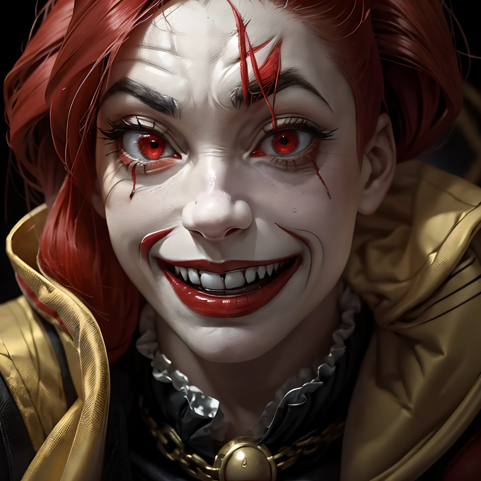The image depicts a close-up of a menacing clown figure. The clown has a pale, almost white face with bold, exaggerated red and black facial features. Notably, three vertical red stripes are painted above each eye, and its eyes gleam with a sinister intent. The clown's mouth is stretched into a wide, malicious grin, revealing dirty, yellowed teeth. Bright red, disheveled hair cascades from the sides of its balding head. Around its neck, a thick chain is draped, contrasting with the worn and stained beige ruffled collar of its costume. The overall mood evoked by the image is one of horror and unease.
