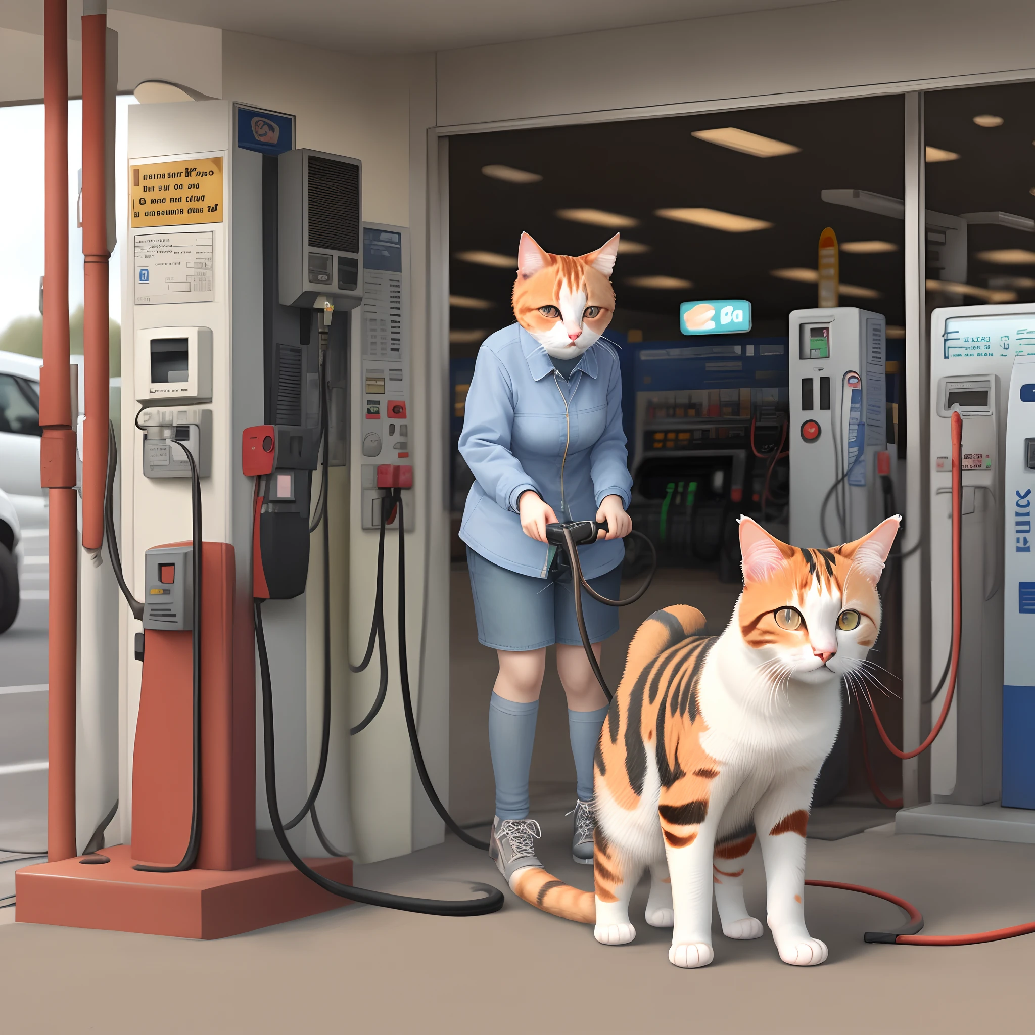 Calico cat working at a gas station