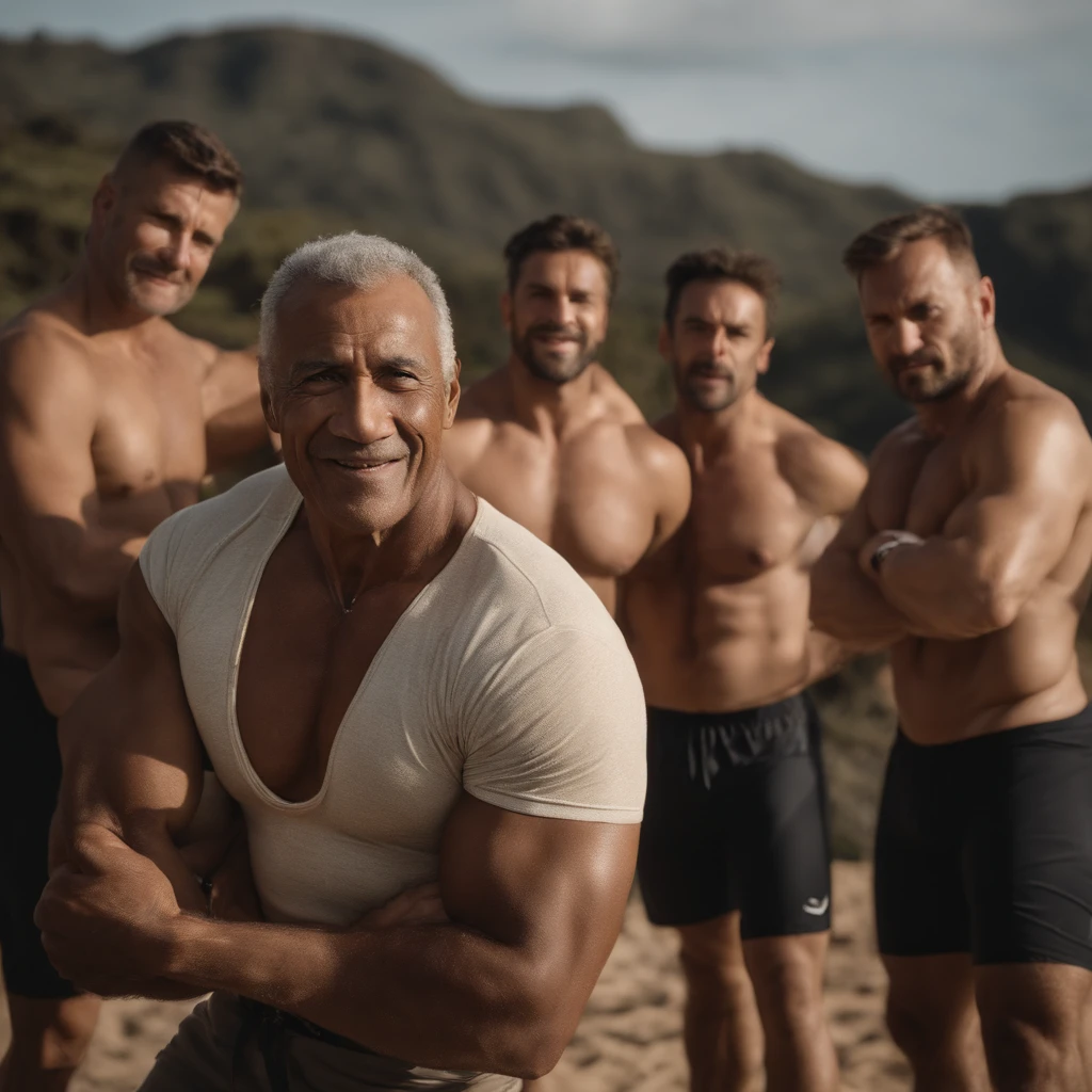 Foto RAW de corpo inteiro, Large group of muscular men over the age of 45 wearing a dirty white athletic support and worn with bulge, hugging each other, rosto florido (parede suja no fundo), (pele altamente detalhada: 1.2), 8k UHD, DSLR, soft-lighting, alta qualidade, film granulation, Fujifilm XT3, corpo inteiro, vista do solo