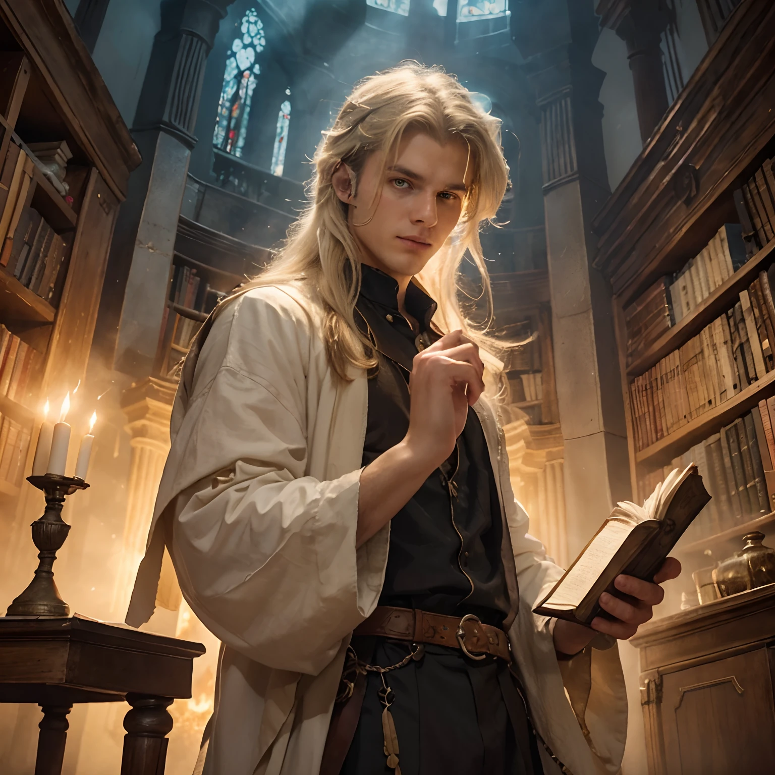 (Best Quality, hight resolution, Ultra-detailed, Realistic:1.37), Enchanted Library, Tall guy, magician, casual wear, Magic, Mystical atmosphere, Young man, aged, towering, muscular, White long hair, Yellow eyes, Ancient Books, flickering candlelight, swirling smoke, Hidden Door, Floating Books, GlowingRunes, vintage leather armchair, wooden bookshelves, caracole, Secret Passages, Ancient artifacts, Shimmering crystals, Enchanted Scrolls, Mysterious Potions, dimly lit chandeliers, Aged parchment, Sparks of Magic, suspended in the air, Ancient tomes, starry night sky, Mesmerizing silence, creaky oak floors, Forgotten Knowledge, Ancient Spells. portraite of a. Portrait of a guy. white colored hair. Yellow eyes. Handsome guy . pumped up guy. brawn. Fire in the hand