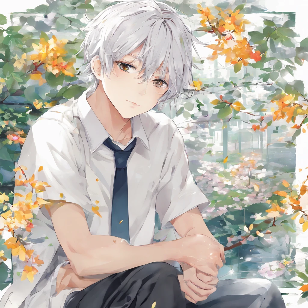 masterpiece, bestquality, 10, UHD, Miss Shojo, painting, Beautiful eyes and detailed faces, illustration, beautiful details, anime, -yeld bo,long White hair, yellow eyes, High level of creativity, gorgeous face, Japanese Men, Pretty Boy, School Girls Uniform, sharp, Sitting distracted in the classroom, Sharp lighting, anime, The young man is tired of the world.