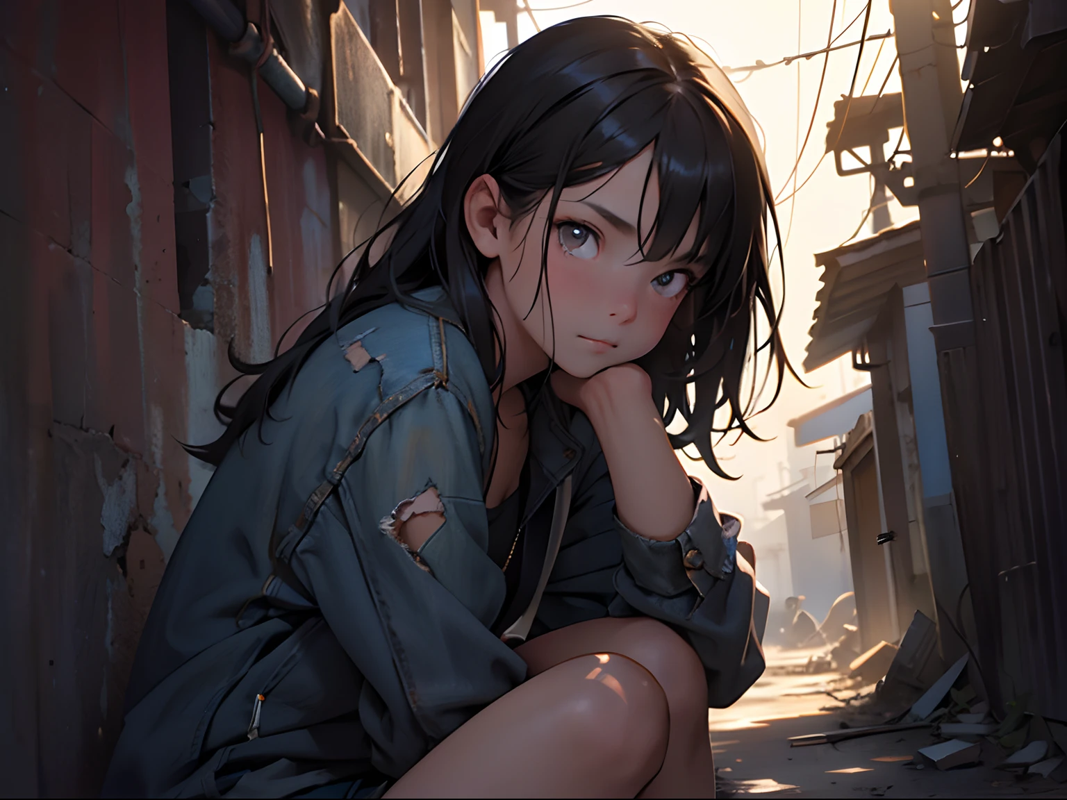 A sits on the floor in a dirty alley, looking up with her eyes,Focus with eyes towards the sky, close-up view, Front angle, young girl (Black hair, black eyes, Ten years oclothes), sit by the wall, ruined city, Destroyed buildings, high-resolution, Best Quality, Detailed face, cinematic lighting, realistic details, sharp focus, Soft lighting, detailed eyes, detailed face