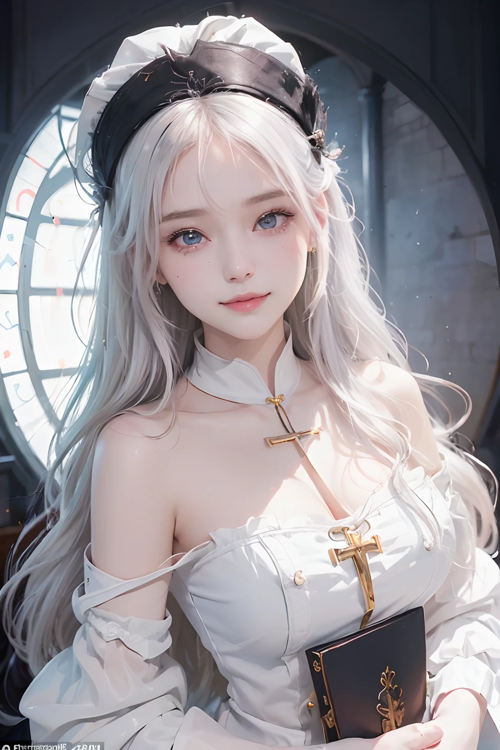 ((best quality)), ((masterpiece)), (detailed), perfect face, a woman with long white hair crying in front of a candle