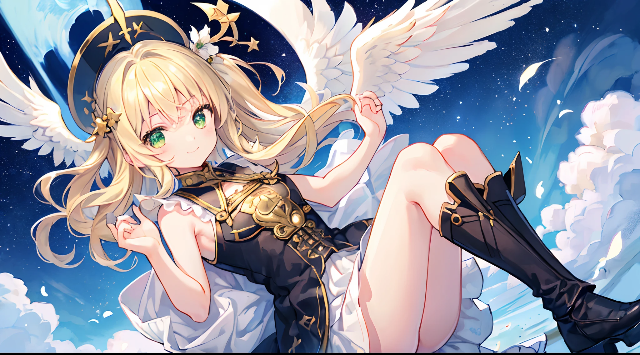 (top-quality), (​masterpiece)、(ultla detailed)、(Beautiful girl alone:1.3)、Lori、ers old、cute little、angelicales、Holo、White Greek style clothing、Ivy pattern、White angel wings、A smile、are flying、(green colored eyes)、(12yeld:1.3)、Medium chest、(a blond:1.3)、(Straight hair:1.3)、Floating hair、(Medium Hair:1.3)、(Black boots)、(Sleeveless)、godrays、Yellow sky background with clouds、Red Sword