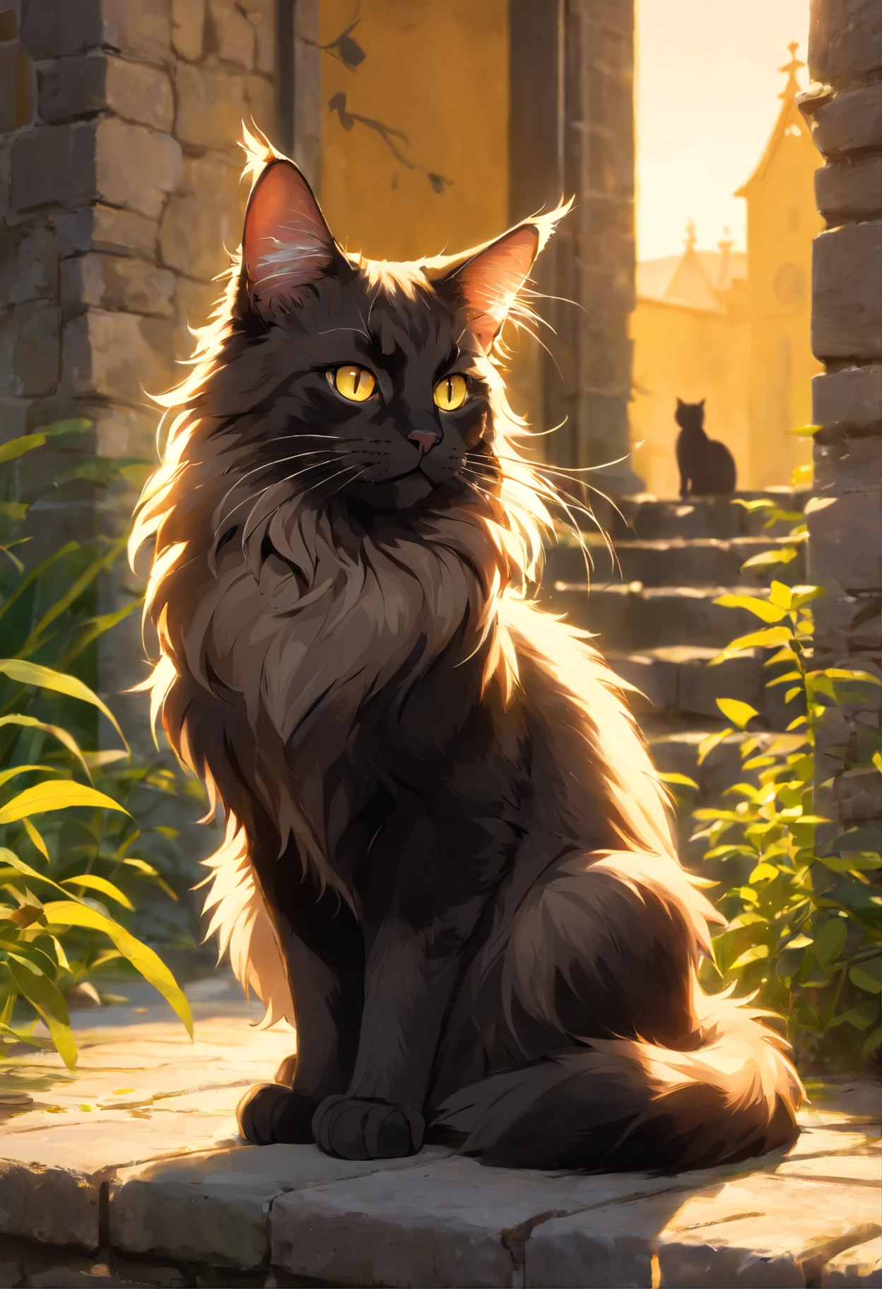 "Generate ultra-high-definition images of chic cats, Classic Cat Pose. Using advanced macro photography techniques、Highlights the intricate details of the cat's coat, mustaches, And expressive eyes.

Place the camera at the cat's eye level, Create an intimate connection between the viewer and the cat subject. Implement a wide aperture for a shallow depth of field, Make the cat stand out clearly against a gently blurred background.

Improve lighting to emphasize the texture and contours of the cat's body, Using the software, Remove coarse shadows、, cosy atmosphere.

Catch a cat in a relaxed position, But balanced, Show your flexibility and elegance. Try to capture the moment in natural movement, Stretching, grooming, etc., To convey a sense of authenticity.

Implement post-processing techniques to improve image clarity, contrast, and color balance, Secure all aspects, From the intricate patterns of cats to their intense gazes, Rendered in stunning detail.

Finally, convey the gentle beauty and innate grace of the cat,, Capture fleeting moments celebrating the unique essence of a cat's curiosity and balance." ((Maine coon)), ((Background: castle)), ((golden hour light)), ((majestic)), ((black cat)), ((old cat))