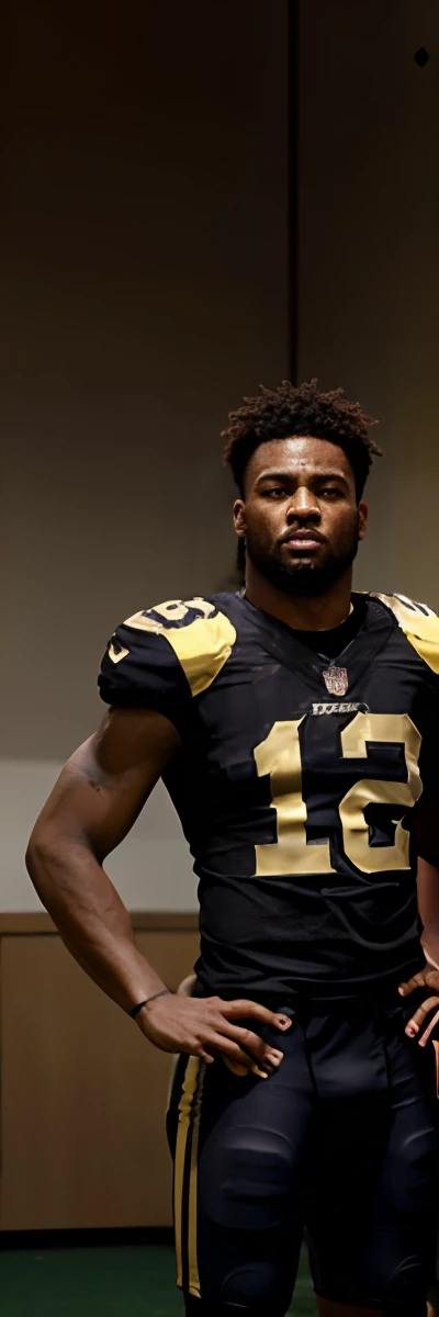 criar uma imagem ultrarrealista de um jogador da NFL usando um uniforme preto e dourado
